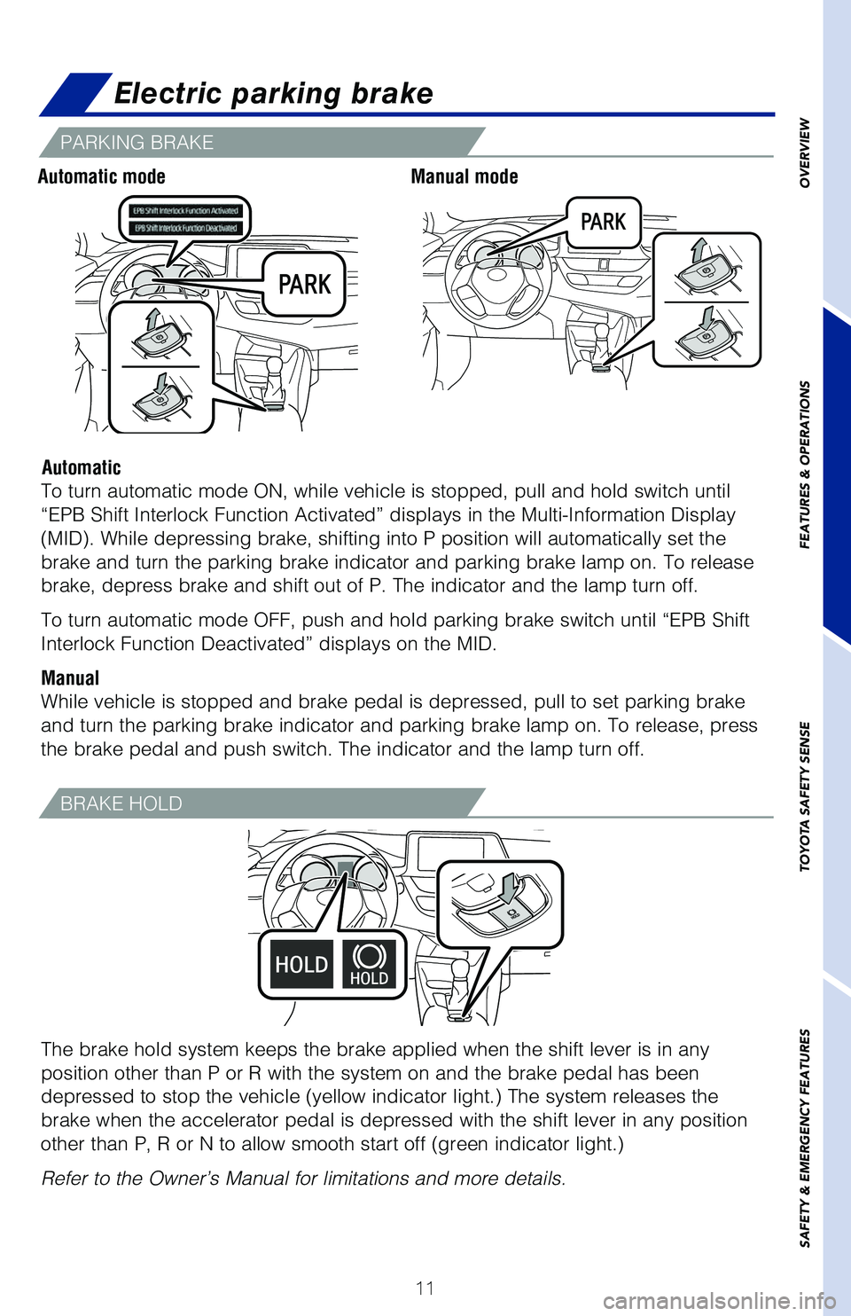 TOYOTA C-HR 2021 (in English) User Guide 11
OVERVIEW
FEATURES & OPERATIONS
TOYOTA SAFETY SENSE
SAFETY & EMERGENCY FEATURES
PARKING BRAKE
Electric parking brake
Automatic modeManual mode
Automatic
To turn automatic mode ON, while vehicle is s TOYOTA C-HR 2021 (in English) User Guide 11
OVERVIEW
FEATURES & OPERATIONS
TOYOTA SAFETY SENSE
SAFETY & EMERGENCY FEATURES
PARKING BRAKE
Electric parking brake
Automatic modeManual mode
Automatic
To turn automatic mode ON, while vehicle is s