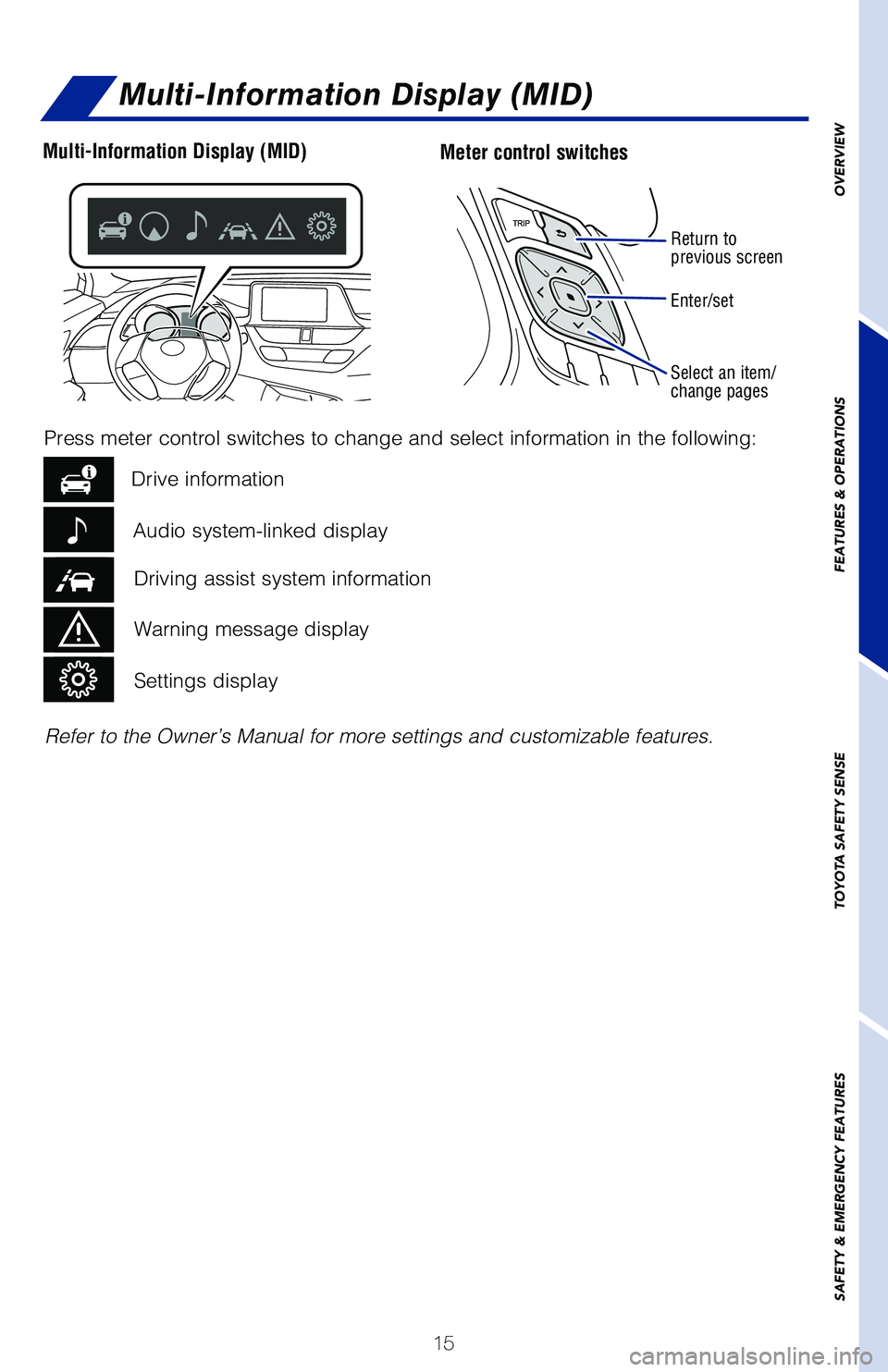 TOYOTA C-HR 2021 (in English) User Guide 15
OVERVIEW
FEATURES & OPERATIONS
TOYOTA SAFETY SENSE
SAFETY & EMERGENCY FEATURES
Multi-Information Display (MID)
Meter control switchesMulti-Information Display (MID)
Return to
previous screen
Enter TOYOTA C-HR 2021 (in English) User Guide 15
OVERVIEW
FEATURES & OPERATIONS
TOYOTA SAFETY SENSE
SAFETY & EMERGENCY FEATURES
Multi-Information Display (MID)
Meter control switchesMulti-Information Display (MID)
Return to
previous screen
Enter