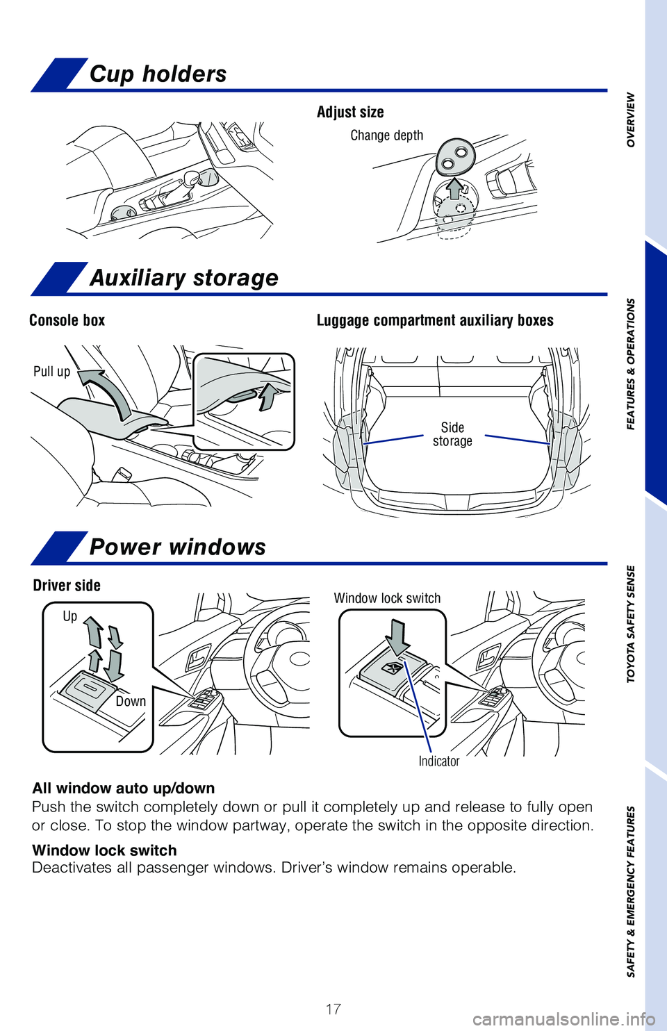 TOYOTA C-HR 2021 (in English) User Guide 17
OVERVIEW
FEATURES & OPERATIONS
TOYOTA SAFETY SENSE
SAFETY & EMERGENCY FEATURES
Adjust size
Cup holders
Auxiliary storage
Console box Luggage compartment auxiliary boxes
Pull up
Side
storage
Change TOYOTA C-HR 2021 (in English) User Guide 17
OVERVIEW
FEATURES & OPERATIONS
TOYOTA SAFETY SENSE
SAFETY & EMERGENCY FEATURES
Adjust size
Cup holders
Auxiliary storage
Console box Luggage compartment auxiliary boxes
Pull up
Side
storage
Change