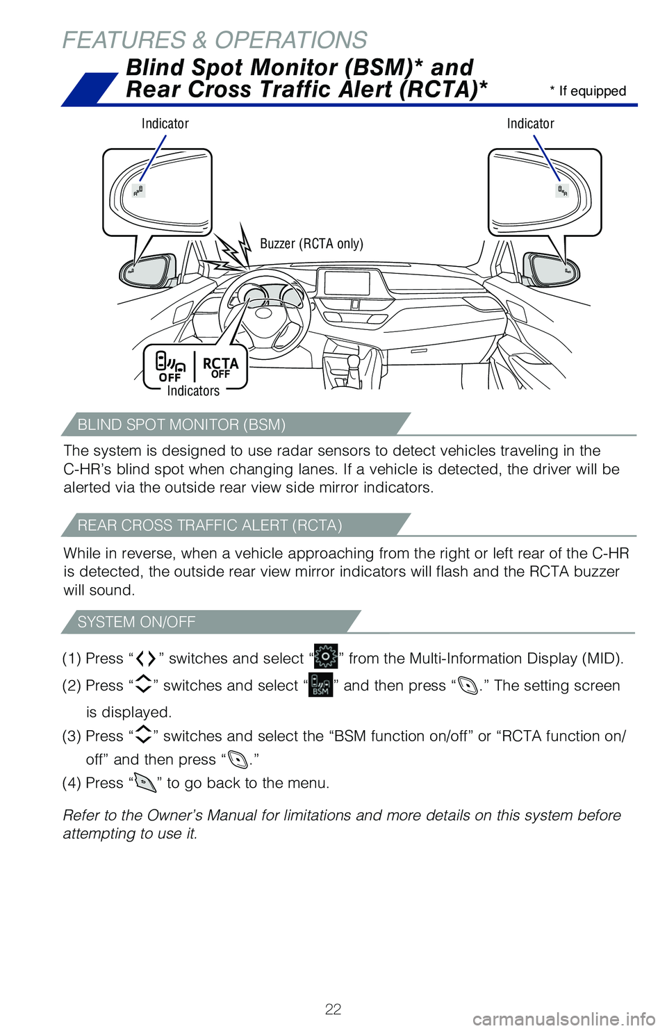TOYOTA C-HR 2021   (in English) Owners Manual 22
FEATURES & OPERATIONSBlind Spot Monitor (BSM)* and  
Rear Cross Traffic Alert (RCTA)*
IndicatorIndicator
Buzzer (RCTA only) * If equipped
Indicators
The system is designed to use radar sensors to d