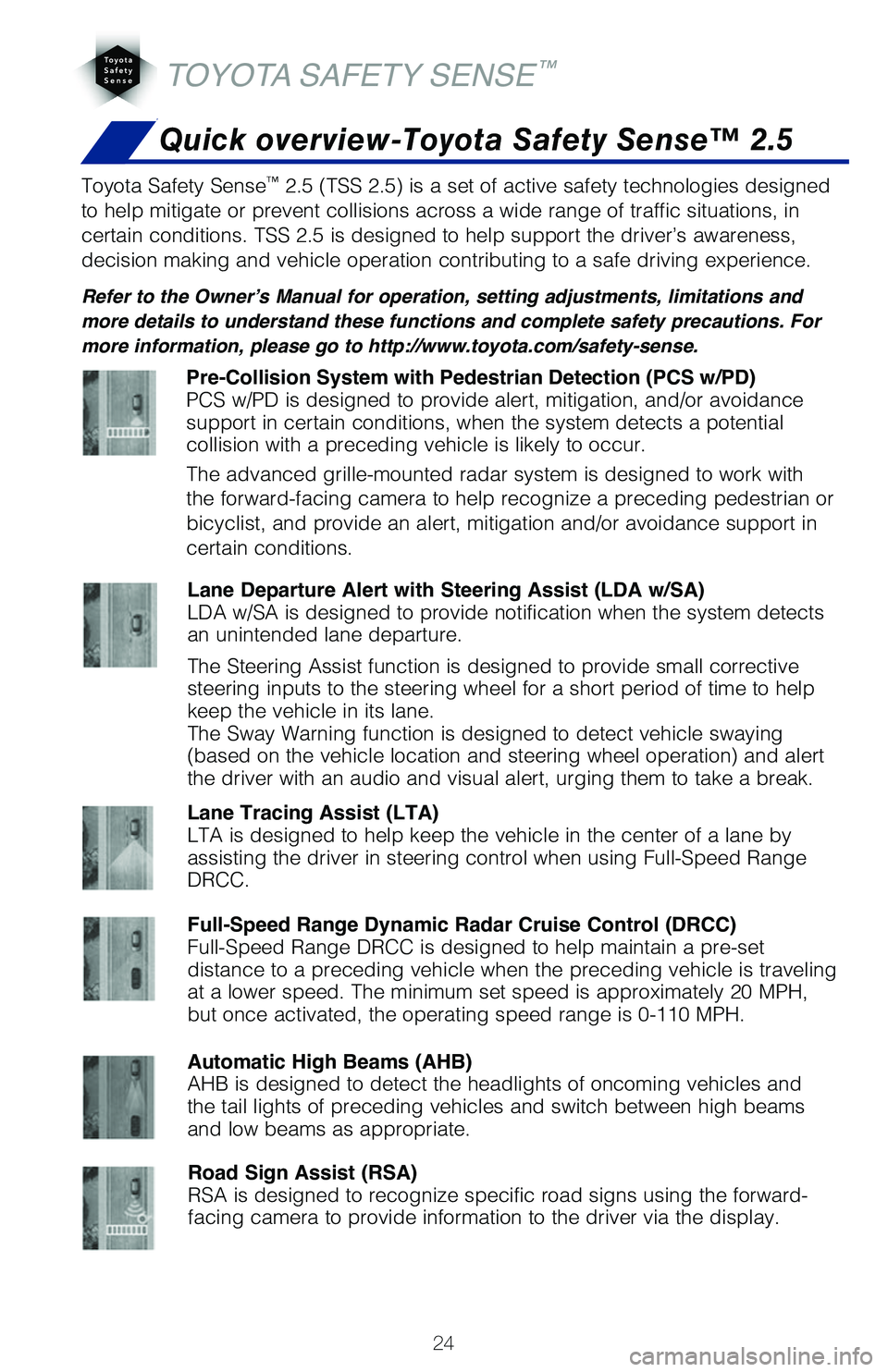 TOYOTA C-HR 2021   (in English) Owners Manual 24
Quick overview-Toyota Safety Sense™ 2.5
TOYOTA SAFETY SENSE™
Toyota Safety Sense™ 2.5 (TSS 2.5) is a set of active safety technologies designed 
to help mitigate or prevent collisions across 