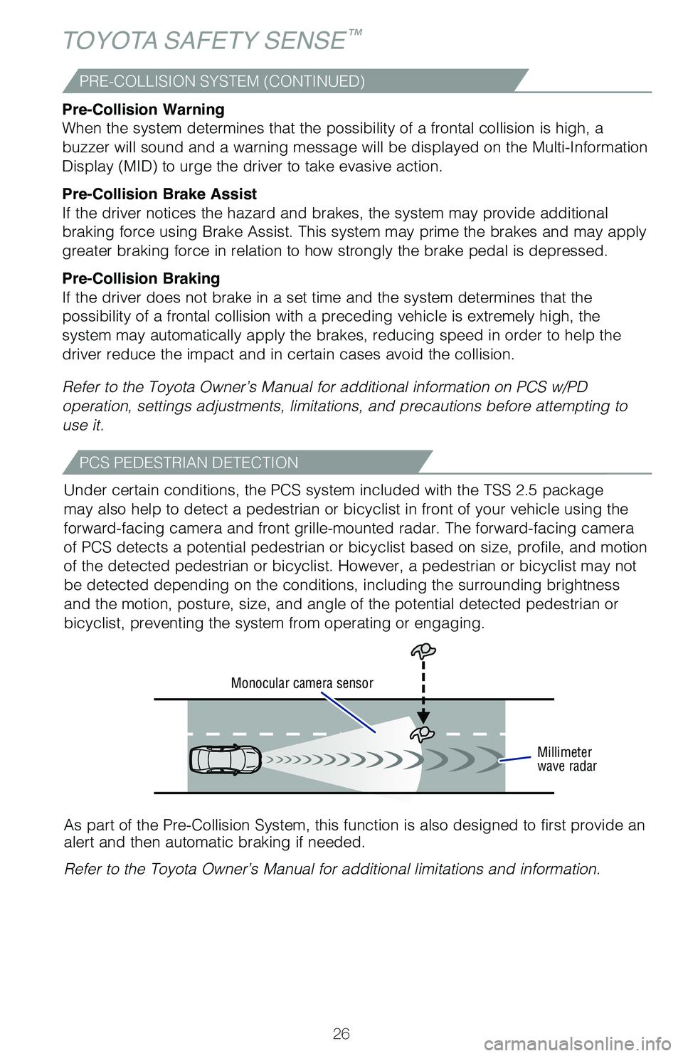 TOYOTA C-HR 2021   (in English) Owners Manual 26
As part of the Pre-Collision System, this function is also designed to first provide an 
alert and then automatic braking if needed.
Refer to the Toyota Owner’s Manual for additional limitations 