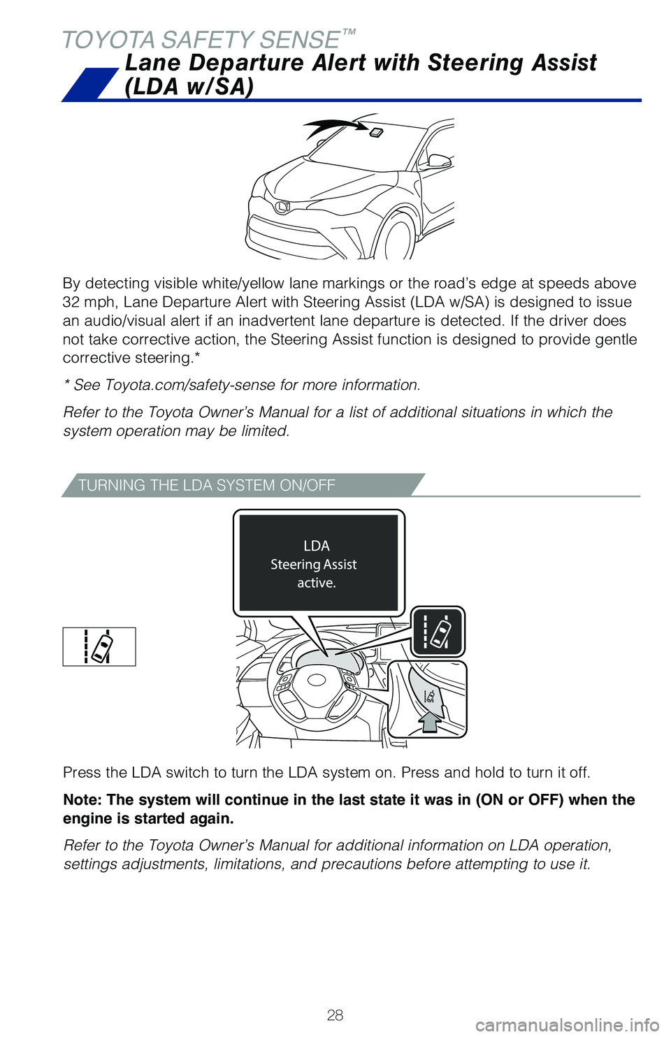 TOYOTA C-HR 2021   (in English) Owners Manual 28
TOYOTA SAFETY SENSE™
By detecting visible white/yellow lane markings or the road’s edge at speeds above 
32 mph, Lane Departure Alert with Steering Assist (LDA w/SA) is designed to issue 
an au