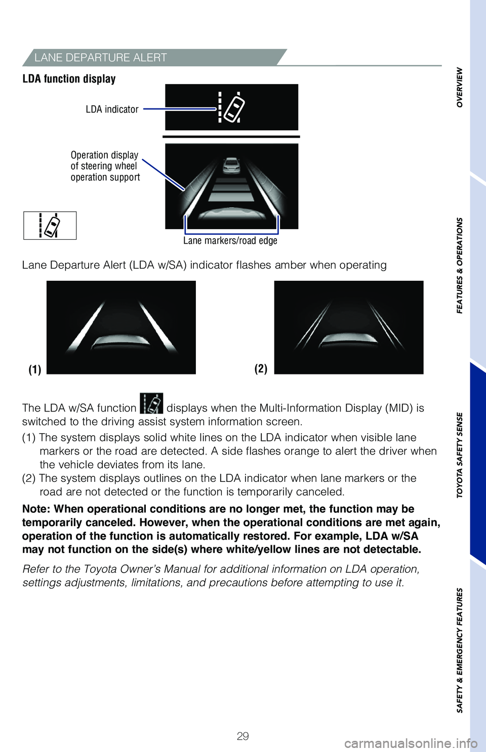 TOYOTA C-HR 2021  Owners Manual (in English) 29
OVERVIEW
FEATURES & OPERATIONS
TOYOTA SAFETY SENSE
SAFETY & EMERGENCY FEATURES
(2)
(1)
LANE DEPARTURE ALERT
LDA function display
Lane Departure Alert (LDA w/SA) indicator flashes amber when operati