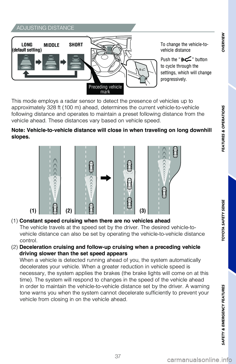 TOYOTA C-HR 2021   (in English) Owners Guide 37
OVERVIEW
FEATURES & OPERATIONS
TOYOTA SAFETY SENSE
SAFETY & EMERGENCY FEATURES
ADJUSTING DISTANCE
To change the vehicle-to-
vehicle distance
 
Push the “
” button 
to cycle through the 
setting