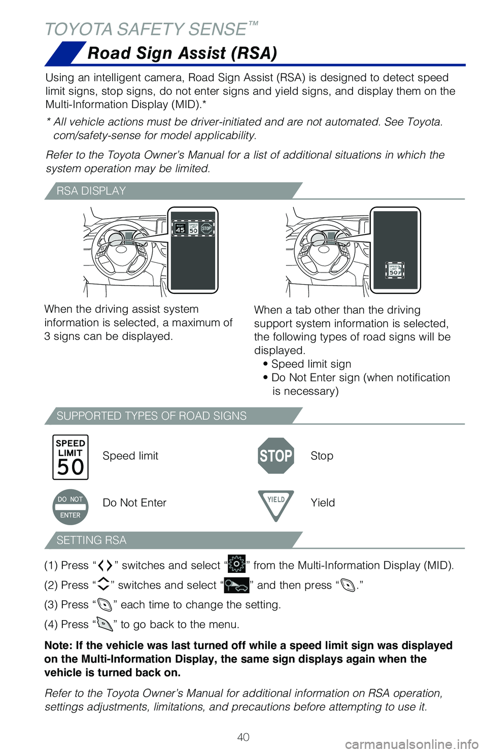 TOYOTA C-HR 2021 (in English) Service Manual 40
TOYOTA SAFETY SENSE™
Road Sign Assist (RSA)
Using an intelligent camera, Road Sign Assist (RSA) is designed to detect speed
limit signs, stop signs, do not enter signs and yield signs, and displ TOYOTA C-HR 2021 (in English) Service Manual 40
TOYOTA SAFETY SENSE™
Road Sign Assist (RSA)
Using an intelligent camera, Road Sign Assist (RSA) is designed to detect speed
limit signs, stop signs, do not enter signs and yield signs, and displ