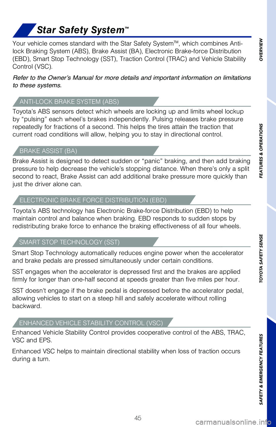 TOYOTA C-HR 2021 (in English) Service Manual 45
OVERVIEW
FEATURES & OPERATIONS
TOYOTA SAFETY SENSE
SAFETY & EMERGENCY FEATURES
SMART STOP TECHNOLOGY (SST)
Smart Stop Technology automatically reduces engine power when the accelerator
and brake p TOYOTA C-HR 2021 (in English) Service Manual 45
OVERVIEW
FEATURES & OPERATIONS
TOYOTA SAFETY SENSE
SAFETY & EMERGENCY FEATURES
SMART STOP TECHNOLOGY (SST)
Smart Stop Technology automatically reduces engine power when the accelerator
and brake p