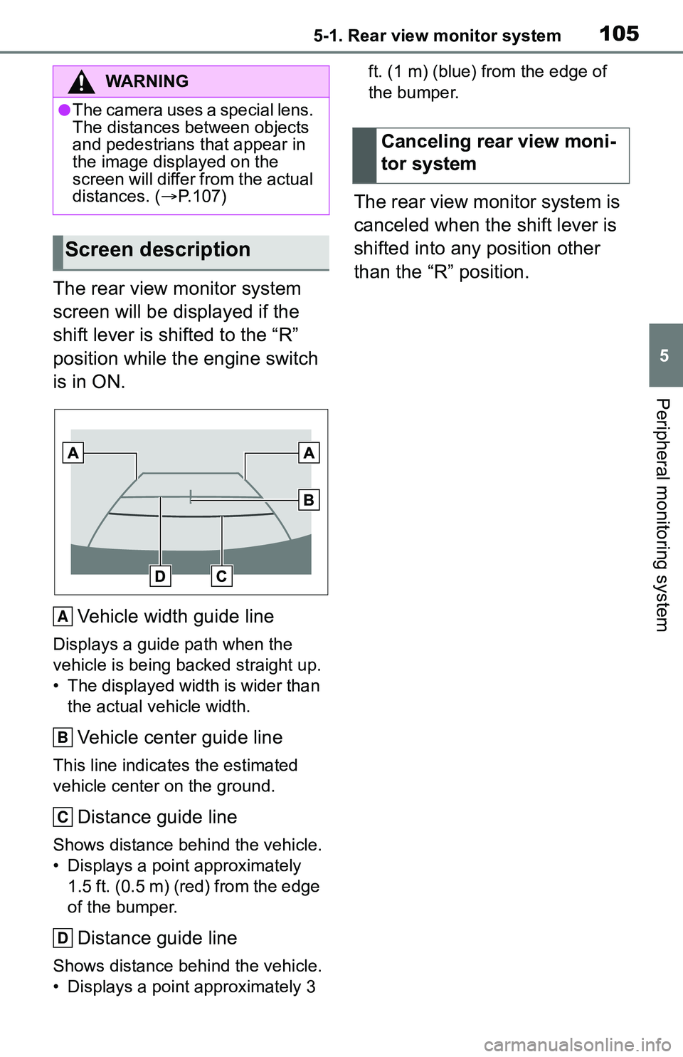 TOYOTA C-HR 2021  Accessories, Audio & Navigation (in English) 1055-1. Rear view monitor system
5
Peripheral monitoring system
The rear view monitor system 
screen will be displayed if the 
shift lever is shifted to the “R” 
position while the engine switch 
