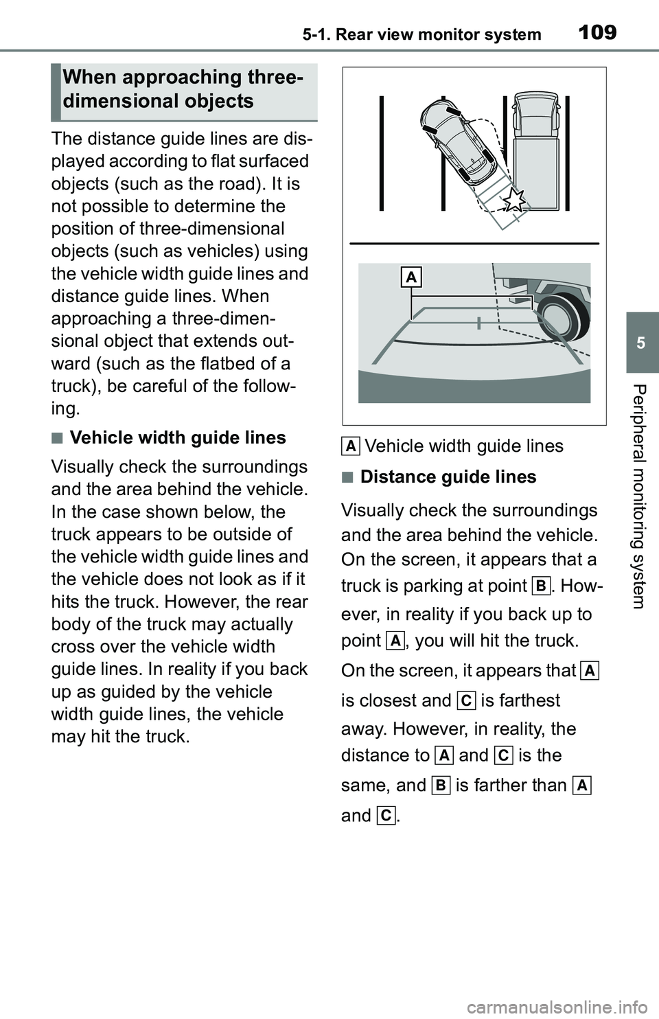 TOYOTA C-HR 2021  Accessories, Audio & Navigation (in English) 1095-1. Rear view monitor system
5
Peripheral monitoring system
The distance guide lines are dis-
played according to flat surfaced 
objects (such as the road). It is 
not possible to determine the 
p