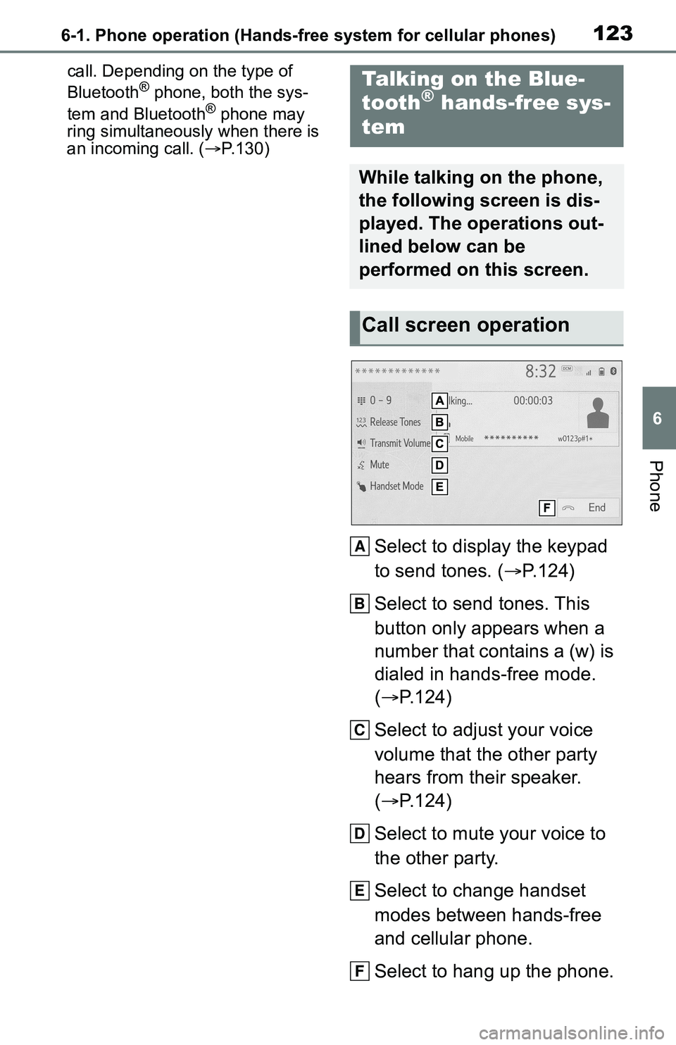 TOYOTA C-HR 2021 Accessories, Audio & Navigation (in English) 1236-1. Phone operation (Hands-free system for cellular phones)
6
Phone
call. Depending on the type of
Bluetooth® phone, both the sys-
tem and Bluetooth® phone may
ring simultaneously when there i TOYOTA C-HR 2021 Accessories, Audio & Navigation (in English) 1236-1. Phone operation (Hands-free system for cellular phones)
6
Phone
call. Depending on the type of
Bluetooth® phone, both the sys-
tem and Bluetooth® phone may
ring simultaneously when there i