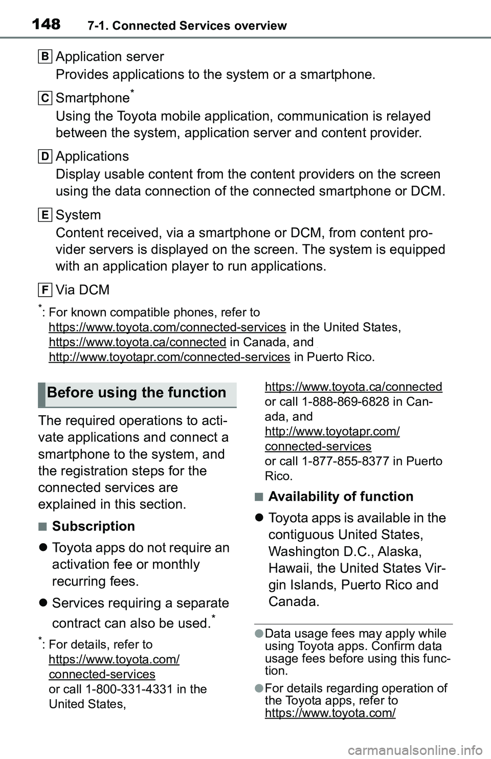 TOYOTA C-HR 2021 Accessories, Audio & Navigation (in English) 1487-1. Connected Services overview
Application server
Provides applications to the system or a smartphone.
Smartphone
*
Using the Toyota mobile application, communication is relayed
between the syst TOYOTA C-HR 2021 Accessories, Audio & Navigation (in English) 1487-1. Connected Services overview
Application server
Provides applications to the system or a smartphone.
Smartphone
*
Using the Toyota mobile application, communication is relayed
between the syst