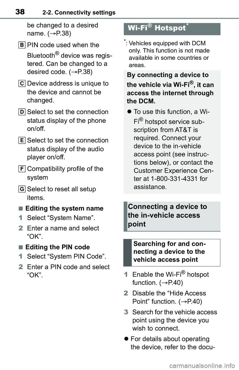 TOYOTA C-HR 2021 Accessories, Audio & Navigation (in English) 382-2. Connectivity settings
be changed to a desired
name. (P. 3 8 )
PIN code used when the
Bluetooth
® device was regis-
tered. Can be changed to a
desired code. ( P.38)
Device address is u TOYOTA C-HR 2021 Accessories, Audio & Navigation (in English) 382-2. Connectivity settings
be changed to a desired
name. (P. 3 8 )
PIN code used when the
Bluetooth
® device was regis-
tered. Can be changed to a
desired code. ( P.38)
Device address is u