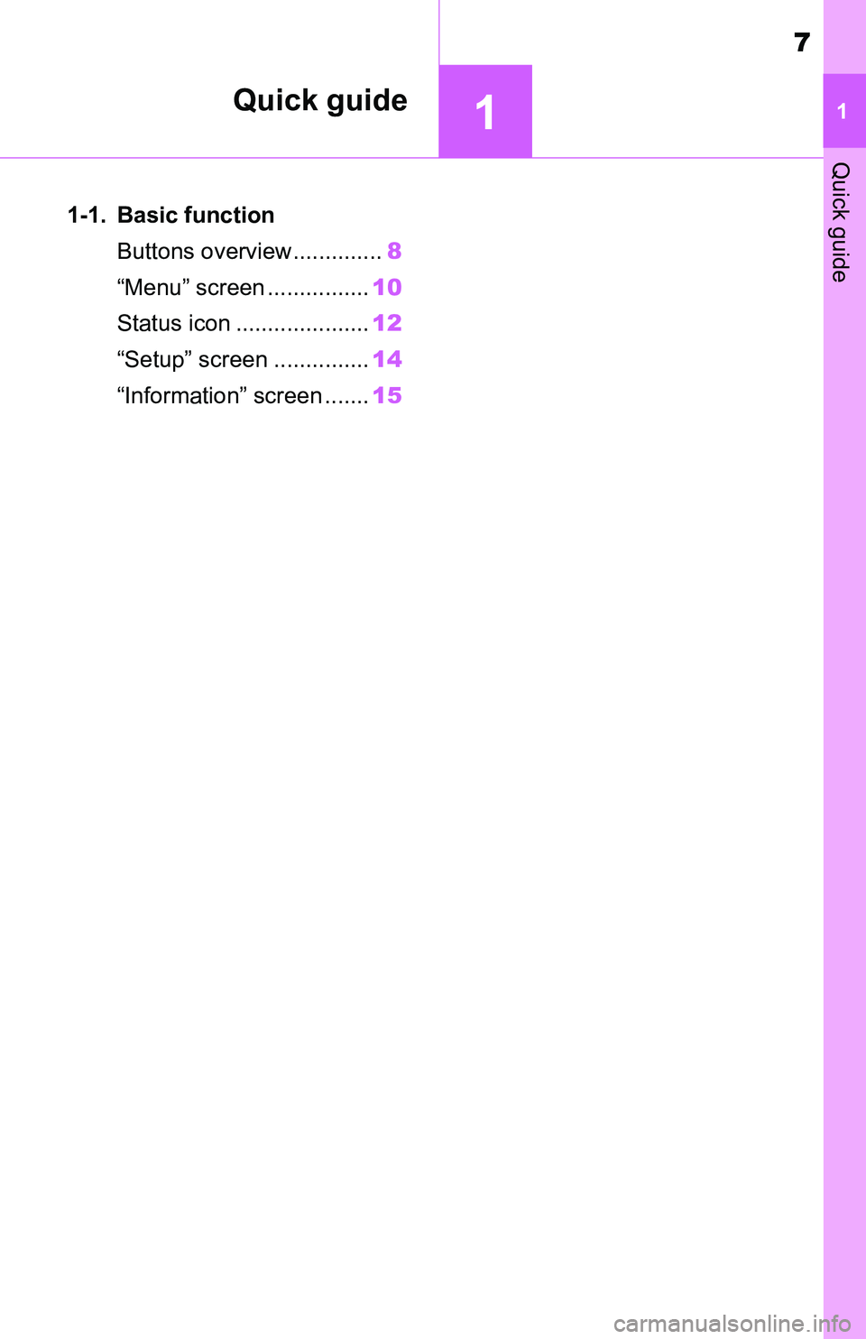 TOYOTA C-HR 2021  Accessories, Audio & Navigation (in English) 7
11
Quick guide
Quick guide
1-1. Basic functionButtons overview.............. 8
“Menu” screen ................ 10
Status icon ..................... 12
“Setup” screen ............... 14
“Inf