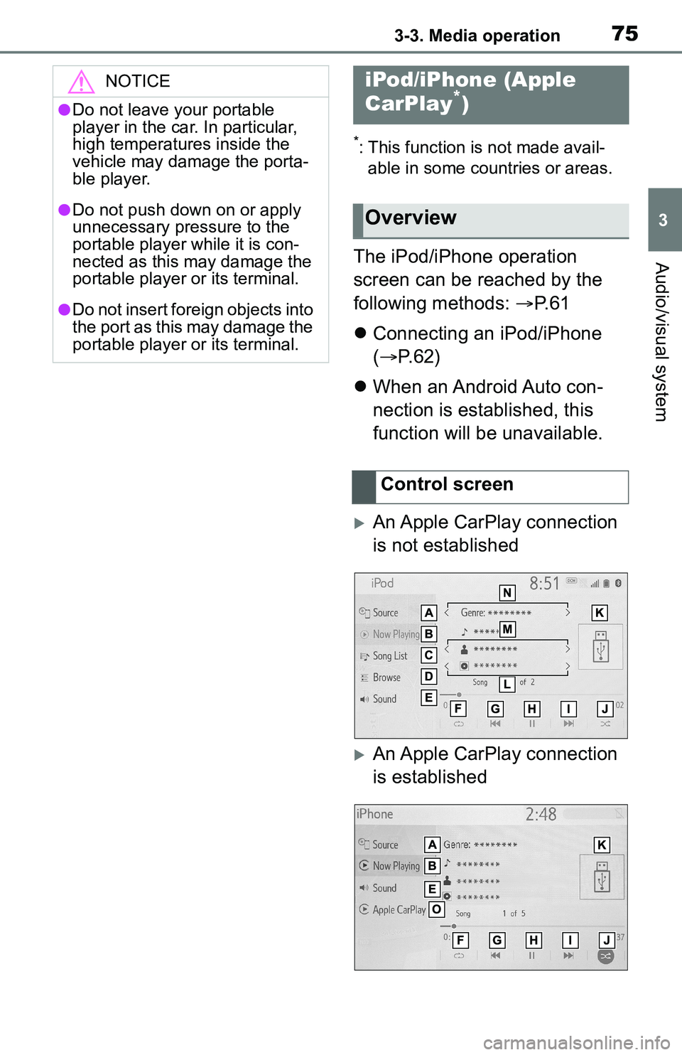 TOYOTA C-HR 2021 Accessories, Audio & Navigation (in English) 753-3. Media operation
3
Audio/visual system
*: This function is not made avail-able in some countries or areas.
The iPod/iPhone operation
screen can be reached by the
following methods: P. 6 1
TOYOTA C-HR 2021 Accessories, Audio & Navigation (in English) 753-3. Media operation
3
Audio/visual system
*: This function is not made avail-able in some countries or areas.
The iPod/iPhone operation
screen can be reached by the
following methods: P. 6 1