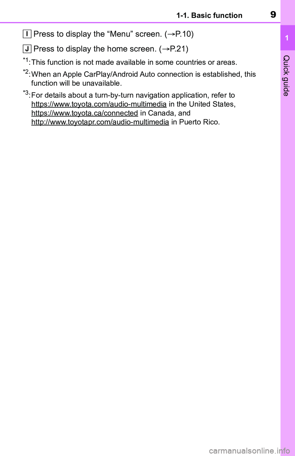 TOYOTA C-HR 2021 Accessories, Audio & Navigation (in English) 91-1. Basic function
1
Quick guide
Press to display the “Menu” screen. (P. 1 0 )
Press to display the home screen. ( P. 2 1 )
*1: This function is not made available in some countries or are TOYOTA C-HR 2021 Accessories, Audio & Navigation (in English) 91-1. Basic function
1
Quick guide
Press to display the “Menu” screen. (P. 1 0 )
Press to display the home screen. ( P. 2 1 )
*1: This function is not made available in some countries or are