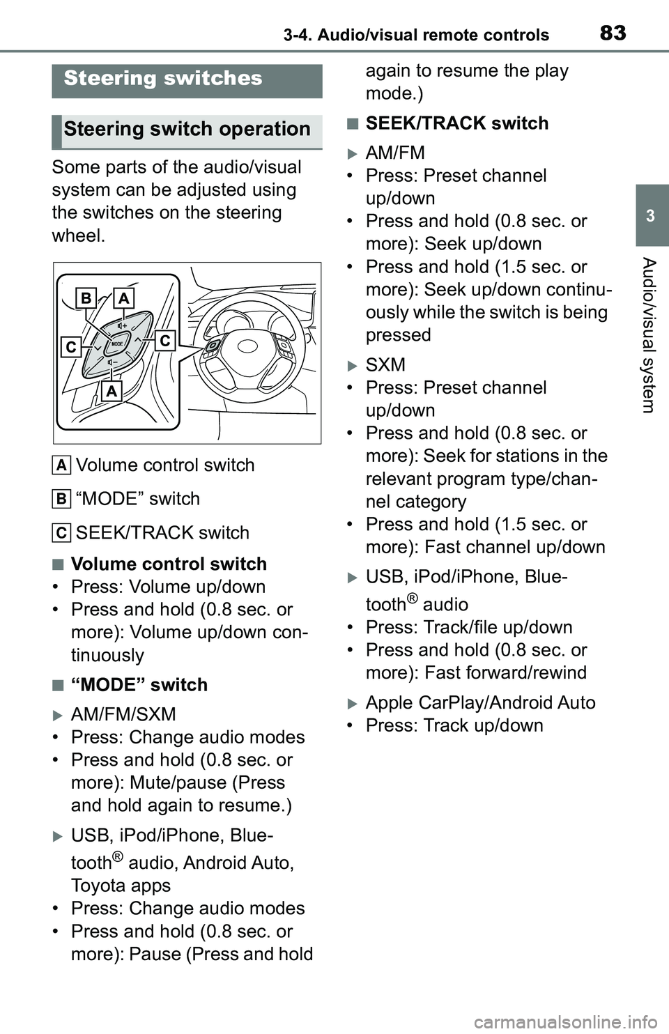 TOYOTA C-HR 2021 Accessories, Audio & Navigation (in English) 833-4. Audio/visual remote controls
3
Audio/visual system
3-4.Audio/visual remote controls
Some parts of the audio/visual
system can be adjusted using
the switches on the steering
wheel.Volume cont TOYOTA C-HR 2021 Accessories, Audio & Navigation (in English) 833-4. Audio/visual remote controls
3
Audio/visual system
3-4.Audio/visual remote controls
Some parts of the audio/visual
system can be adjusted using
the switches on the steering
wheel.Volume cont