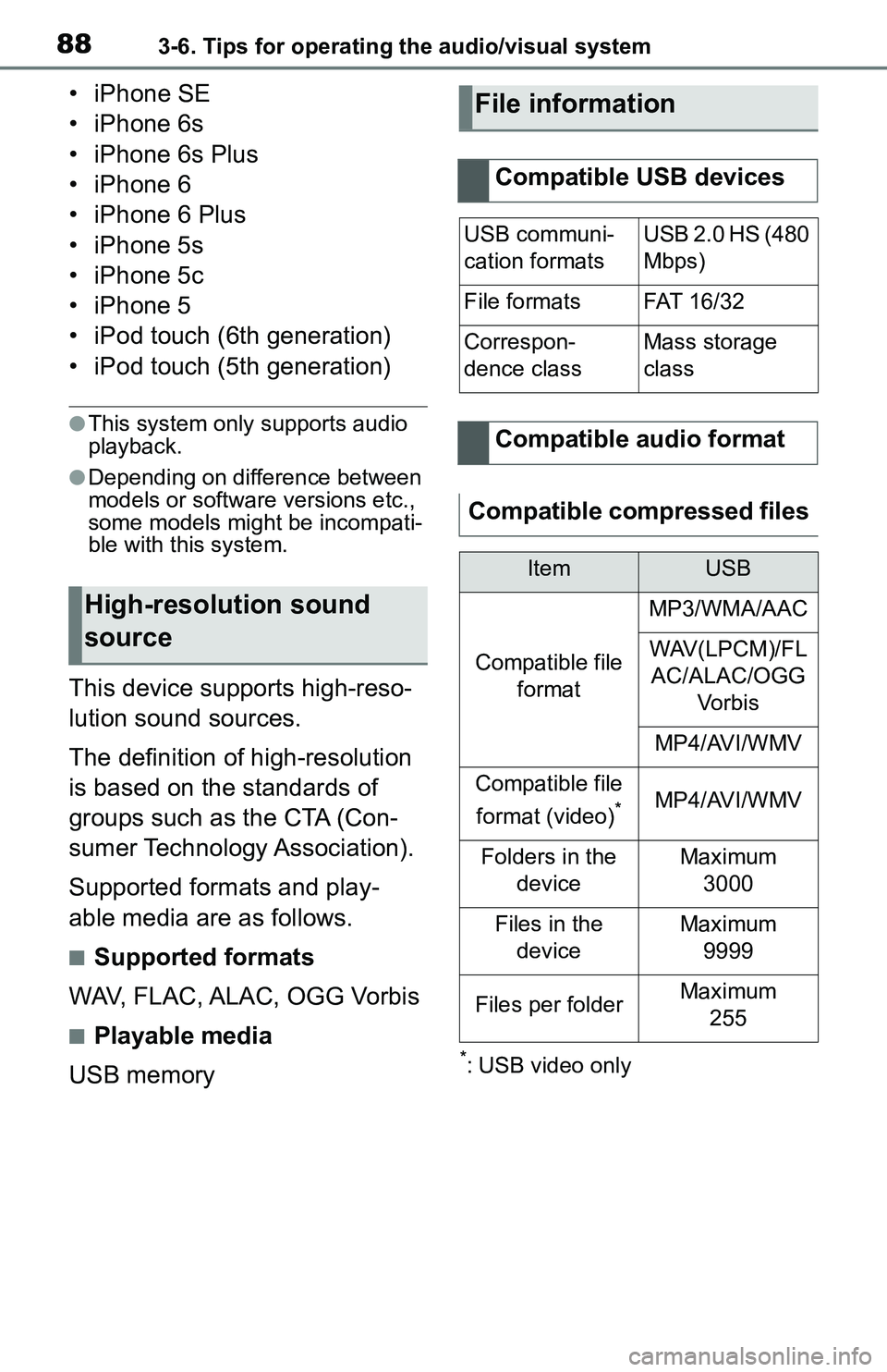 TOYOTA C-HR 2021  Accessories, Audio & Navigation (in English) 883-6. Tips for operating the audio/visual system
• iPhone SE
• iPhone 6s
• iPhone 6s Plus
• iPhone 6
• iPhone 6 Plus
• iPhone 5s
• iPhone 5c
• iPhone 5
• iPod touch (6th generation)