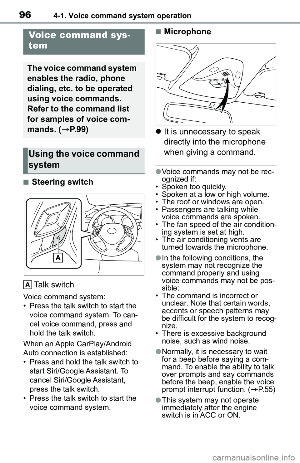 TOYOTA C-HR 2021 Accessories, Audio & Navigation (in English) 964-1. Voice command system operation
4-1.Voice command system operation
■Steering switchTa l k s w i t c h
Voice command system:
• Press the talk switch to start the voice command system. To c TOYOTA C-HR 2021 Accessories, Audio & Navigation (in English) 964-1. Voice command system operation
4-1.Voice command system operation
■Steering switchTa l k s w i t c h
Voice command system:
• Press the talk switch to start the voice command system. To c
