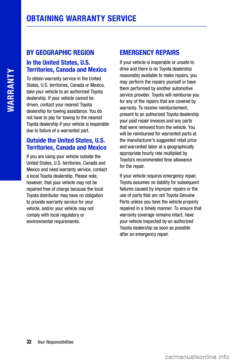TOYOTA C-HR 2021  Warranties & Maintenance Guides (in English) 32Your Responsibilities
WARRANTY
 
 
BY GEOGRAPHIC REGION 
In the United States, U.S. 
Territories, Canada and Mexico
To obtain warranty service in the United 
States, U.S. territories, Canada or Mexi