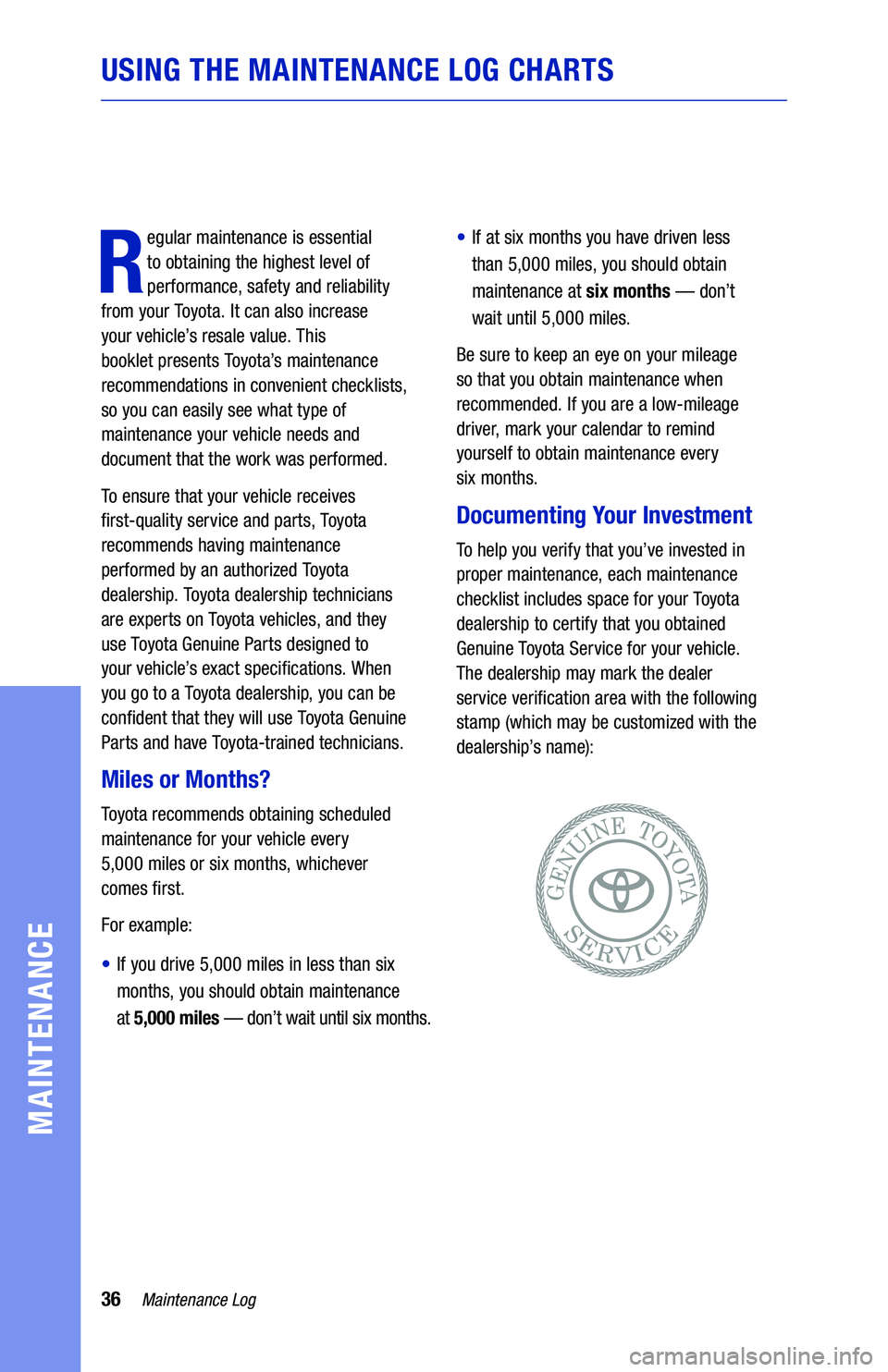 TOYOTA C-HR 2021  Warranties & Maintenance Guides (in English) 36Maintenance Log
MAINTENANCE
USING THE MAINTENANCE LOG CHARTS
R
egular maintenance is essential  
to obtaining the highest level of 
performance, safety and reliability  
from your Toyota. It can als