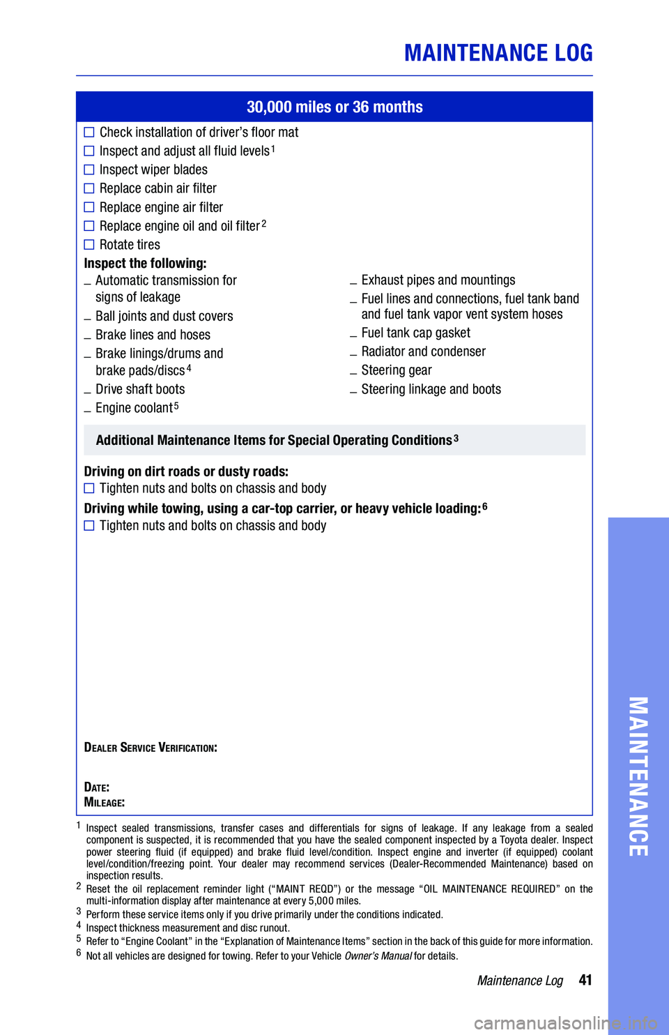 TOYOTA C-HR 2021 Warranties & Maintenance Guides (in English) 41Maintenance Log
MAINTENANCE LOG
MAINTENANCE
30,000 miles or 36 months
■Check installation of driver’s floor mat
■������� ��� ������ ��� ����� TOYOTA C-HR 2021 Warranties & Maintenance Guides (in English) 41Maintenance Log
MAINTENANCE LOG
MAINTENANCE
30,000 miles or 36 months
■Check installation of driver’s floor mat
■������� ��� ������ ��� �����