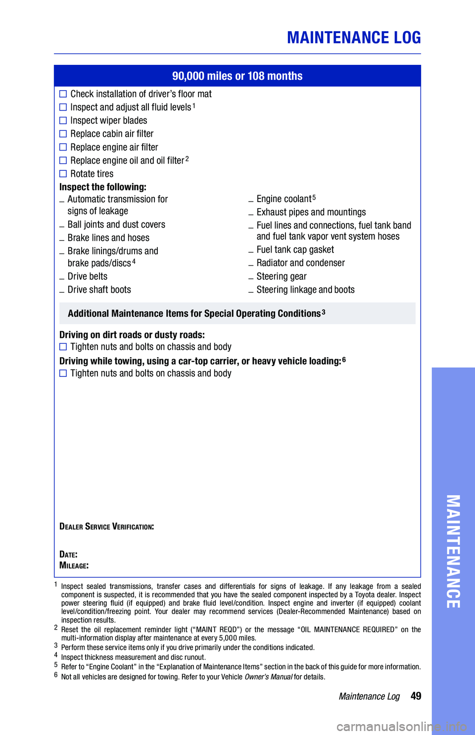 TOYOTA C-HR 2021 Warranties & Maintenance Guides (in English) 49Maintenance Log
MAINTENANCE LOG
MAINTENANCE
90,000 miles or 108 months
■Check installation of driver’s floor mat
■������� ��� ������ ��� ����� TOYOTA C-HR 2021 Warranties & Maintenance Guides (in English) 49Maintenance Log
MAINTENANCE LOG
MAINTENANCE
90,000 miles or 108 months
■Check installation of driver’s floor mat
■������� ��� ������ ��� �����