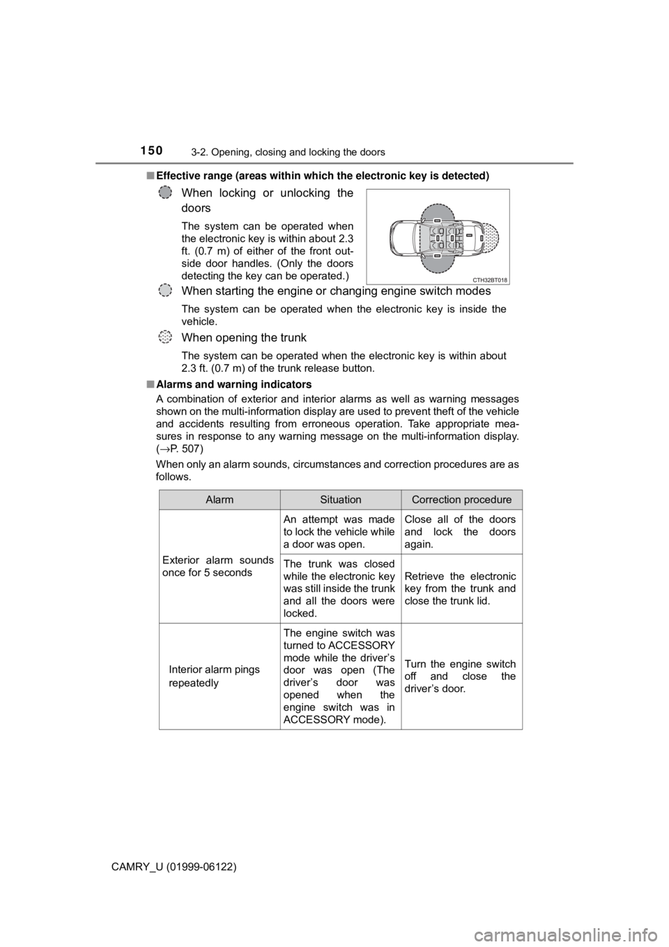 TOYOTA CAMRY 2018 Owners Manual (in English) 1503-2. Opening, closing and locking the doors
CAMRY_U (01999-06122)■Effective range (areas within which the electronic key is detected)
■Alarms and warning indicators
A combination of exterior an TOYOTA CAMRY 2018 Owners Manual (in English) 1503-2. Opening, closing and locking the doors
CAMRY_U (01999-06122)■Effective range (areas within which the electronic key is detected)
■Alarms and warning indicators
A combination of exterior an