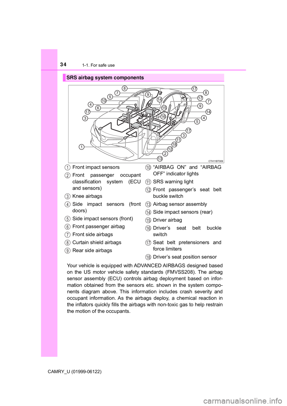 TOYOTA CAMRY 2018   (in English) Owners Guide 341-1. For safe use
CAMRY_U (01999-06122)
Your vehicle is equipped with ADVANCED AIRBAGS  designed  based
on the US motor vehicle safety standards (FMVSS208). The airbag
sensor assembly (ECU) controls