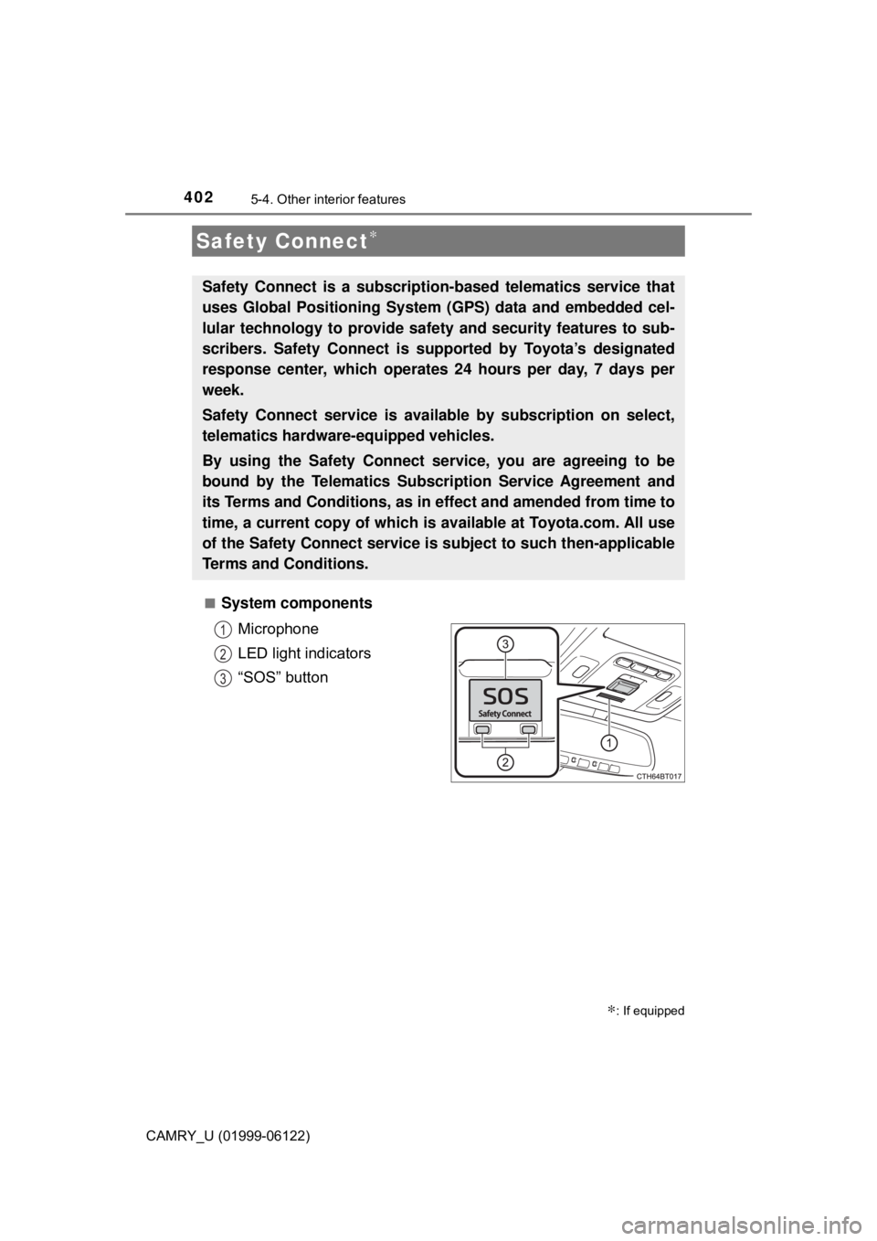 TOYOTA CAMRY 2018 Owners Manual (in English) 4025-4. Other interior features
CAMRY_U (01999-06122)■
System components
Microphone
LED light indicators
“SOS” button
Safety Connect∗
∗: If equipped
Safety Connect is a subscription-based te TOYOTA CAMRY 2018 Owners Manual (in English) 4025-4. Other interior features
CAMRY_U (01999-06122)■
System components
Microphone
LED light indicators
“SOS” button
Safety Connect∗
∗: If equipped
Safety Connect is a subscription-based te