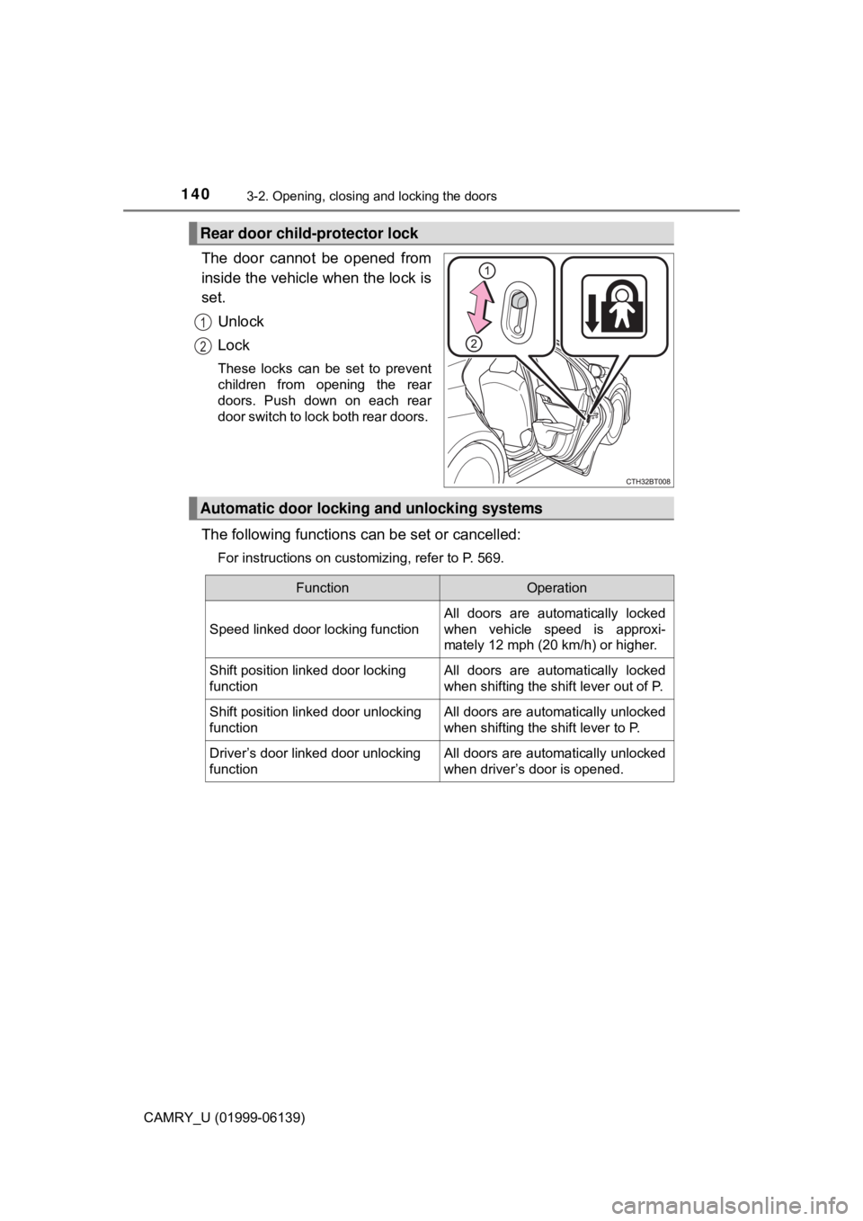 TOYOTA CAMRY 2018 Owners Manual (in English) 1403-2. Opening, closing and locking the doors
CAMRY_U (01999-06139)
The door cannot be opened from
inside the vehicle when the lock is
set.Unlock
Lock
These locks can be set to prevent
children from TOYOTA CAMRY 2018 Owners Manual (in English) 1403-2. Opening, closing and locking the doors
CAMRY_U (01999-06139)
The door cannot be opened from
inside the vehicle when the lock is
set.Unlock
Lock
These locks can be set to prevent
children from