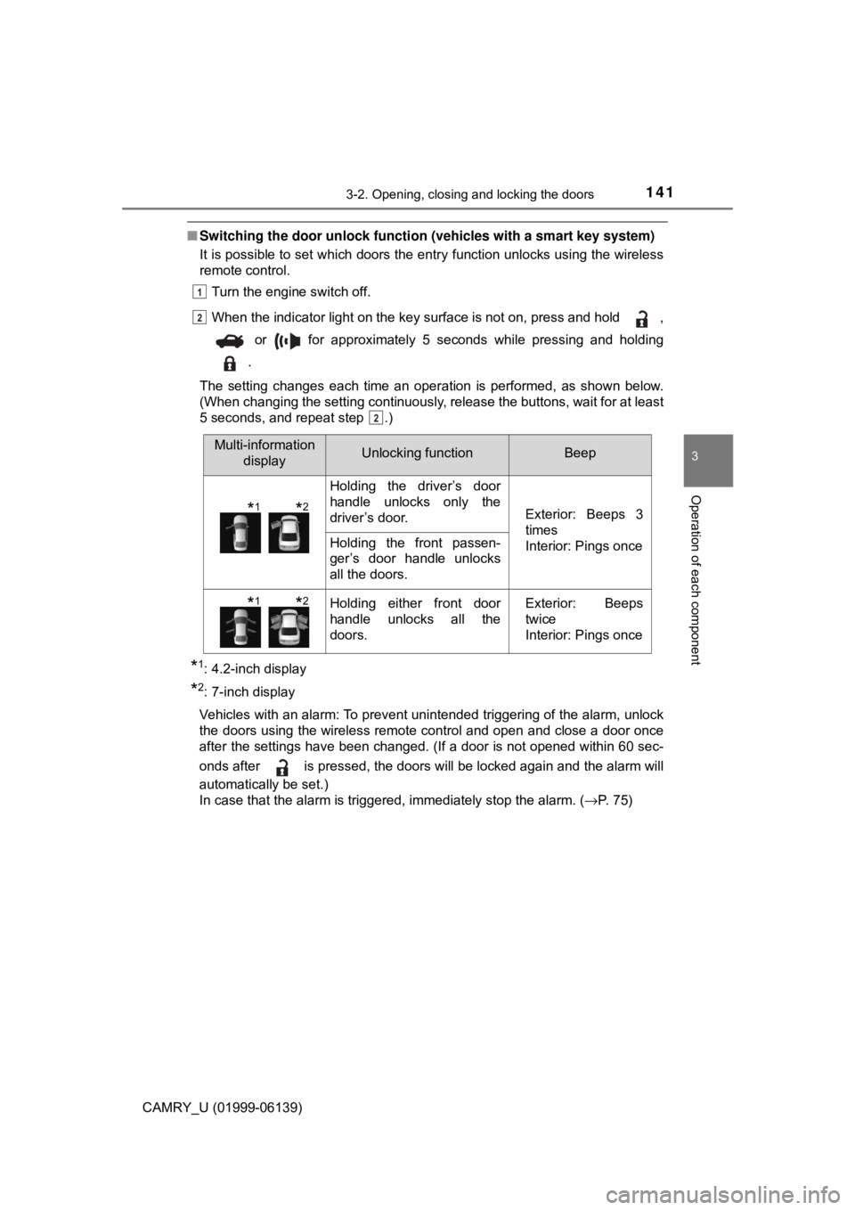 TOYOTA CAMRY 2018 Owners Manual (in English) 1413-2. Opening, closing and locking the doors
3
Operation of each component
CAMRY_U (01999-06139)
■Switching the door unlock functi on (vehicles with a smart key system)
It is possible to set which TOYOTA CAMRY 2018 Owners Manual (in English) 1413-2. Opening, closing and locking the doors
3
Operation of each component
CAMRY_U (01999-06139)
■Switching the door unlock functi on (vehicles with a smart key system)
It is possible to set which