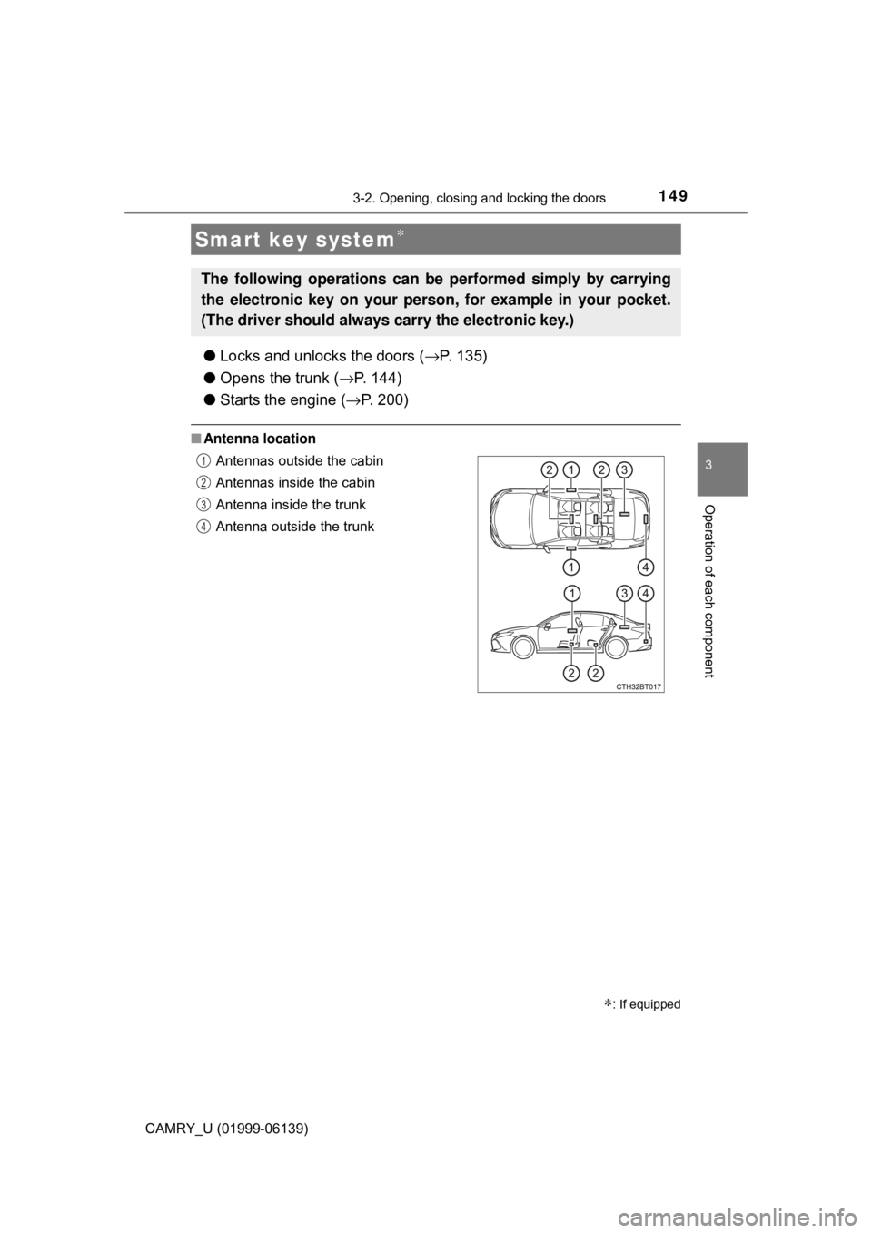 TOYOTA CAMRY 2018 Owners Manual (in English) 1493-2. Opening, closing and locking the doors
3
Operation of each component
CAMRY_U (01999-06139)
●Locks and unlocks the doors ( →P. 135)
● Opens the trunk ( →P. 144)
● Starts the engine ( TOYOTA CAMRY 2018 Owners Manual (in English) 1493-2. Opening, closing and locking the doors
3
Operation of each component
CAMRY_U (01999-06139)
●Locks and unlocks the doors ( →P. 135)
● Opens the trunk ( →P. 144)
● Starts the engine (