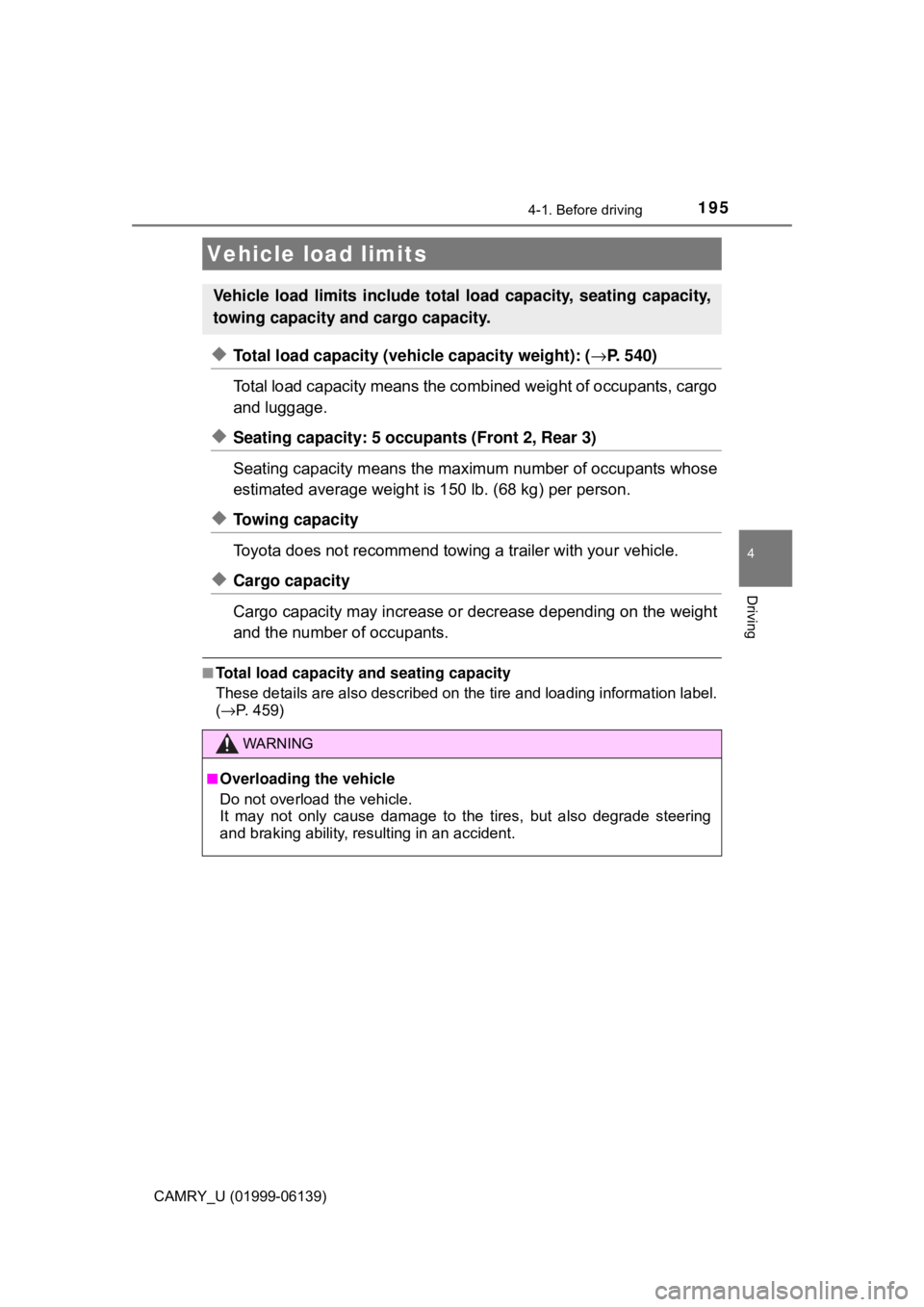TOYOTA CAMRY 2018 Owners Manual (in English) 1954-1. Before driving
4
Driving
CAMRY_U (01999-06139)
◆Total load capacity (vehicle capacity weight): (→P. 540)
Total load capacity means the comb ined weight of occupants, cargo
and luggage.
TOYOTA CAMRY 2018 Owners Manual (in English) 1954-1. Before driving
4
Driving
CAMRY_U (01999-06139)
◆Total load capacity (vehicle capacity weight): (→P. 540)
Total load capacity means the comb ined weight of occupants, cargo
and luggage.