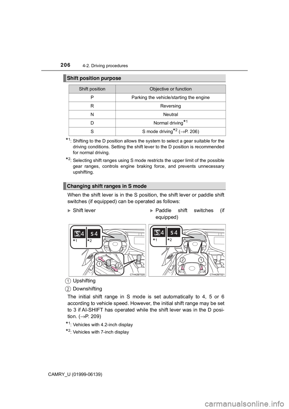 TOYOTA CAMRY 2018 Owners Manual (in English) 2064-2. Driving procedures
CAMRY_U (01999-06139)
*1: Shifting to the D position allows the system to select a gear suitable for thedriving conditions. Setting the shift lever to the D position is reco TOYOTA CAMRY 2018 Owners Manual (in English) 2064-2. Driving procedures
CAMRY_U (01999-06139)
*1: Shifting to the D position allows the system to select a gear suitable for thedriving conditions. Setting the shift lever to the D position is reco
