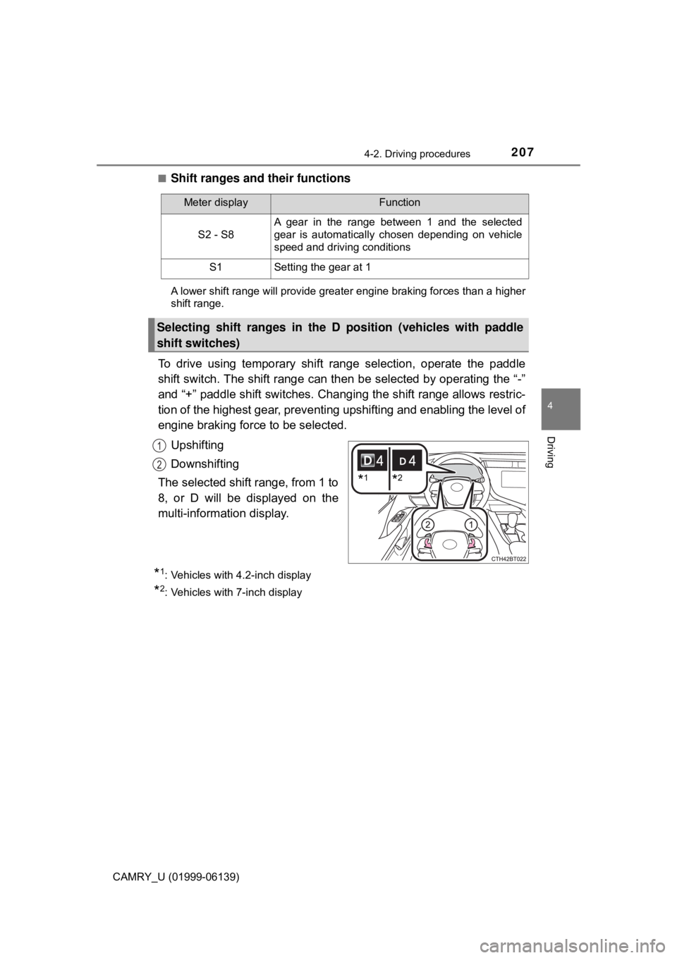 TOYOTA CAMRY 2018 Owners Manual (in English) 2074-2. Driving procedures
4
Driving
CAMRY_U (01999-06139)■
Shift ranges and their functions
A lower shift range will provide greater engine braking forces than a hig\
her
shift range.
To drive usin TOYOTA CAMRY 2018 Owners Manual (in English) 2074-2. Driving procedures
4
Driving
CAMRY_U (01999-06139)■
Shift ranges and their functions
A lower shift range will provide greater engine braking forces than a hig\
her
shift range.
To drive usin