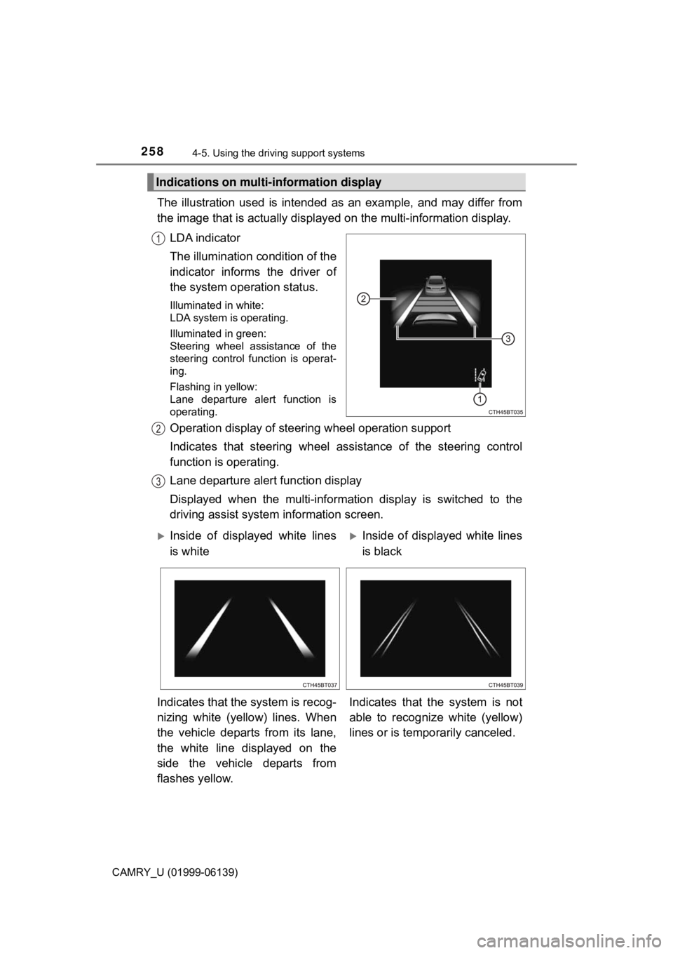 TOYOTA CAMRY 2018 Owners Manual (in English) 2584-5. Using the driving support systems
CAMRY_U (01999-06139)
The illustration used is intended as an example, and may differ from
the image that is actually displaye d on the multi-information disp TOYOTA CAMRY 2018 Owners Manual (in English) 2584-5. Using the driving support systems
CAMRY_U (01999-06139)
The illustration used is intended as an example, and may differ from
the image that is actually displaye d on the multi-information disp