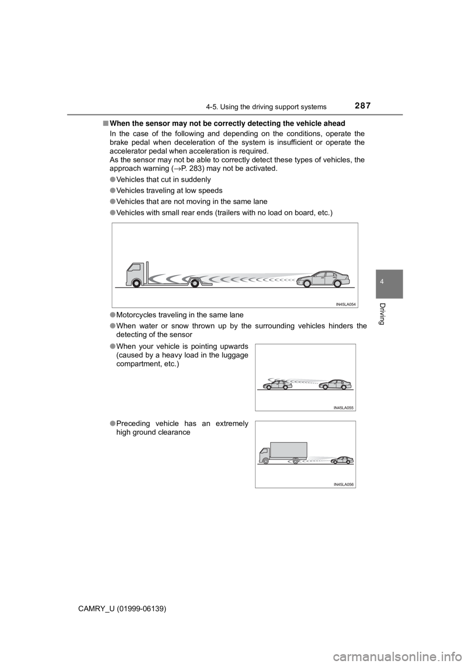 TOYOTA CAMRY 2018 Owners Manual (in English) 2874-5. Using the driving support systems
4
Driving
CAMRY_U (01999-06139)■
When the sensor may not be correctly detecting the vehicle ahead
In the case of the following and depending on the conditi TOYOTA CAMRY 2018 Owners Manual (in English) 2874-5. Using the driving support systems
4
Driving
CAMRY_U (01999-06139)■
When the sensor may not be correctly detecting the vehicle ahead
In the case of the following and depending on the conditi
