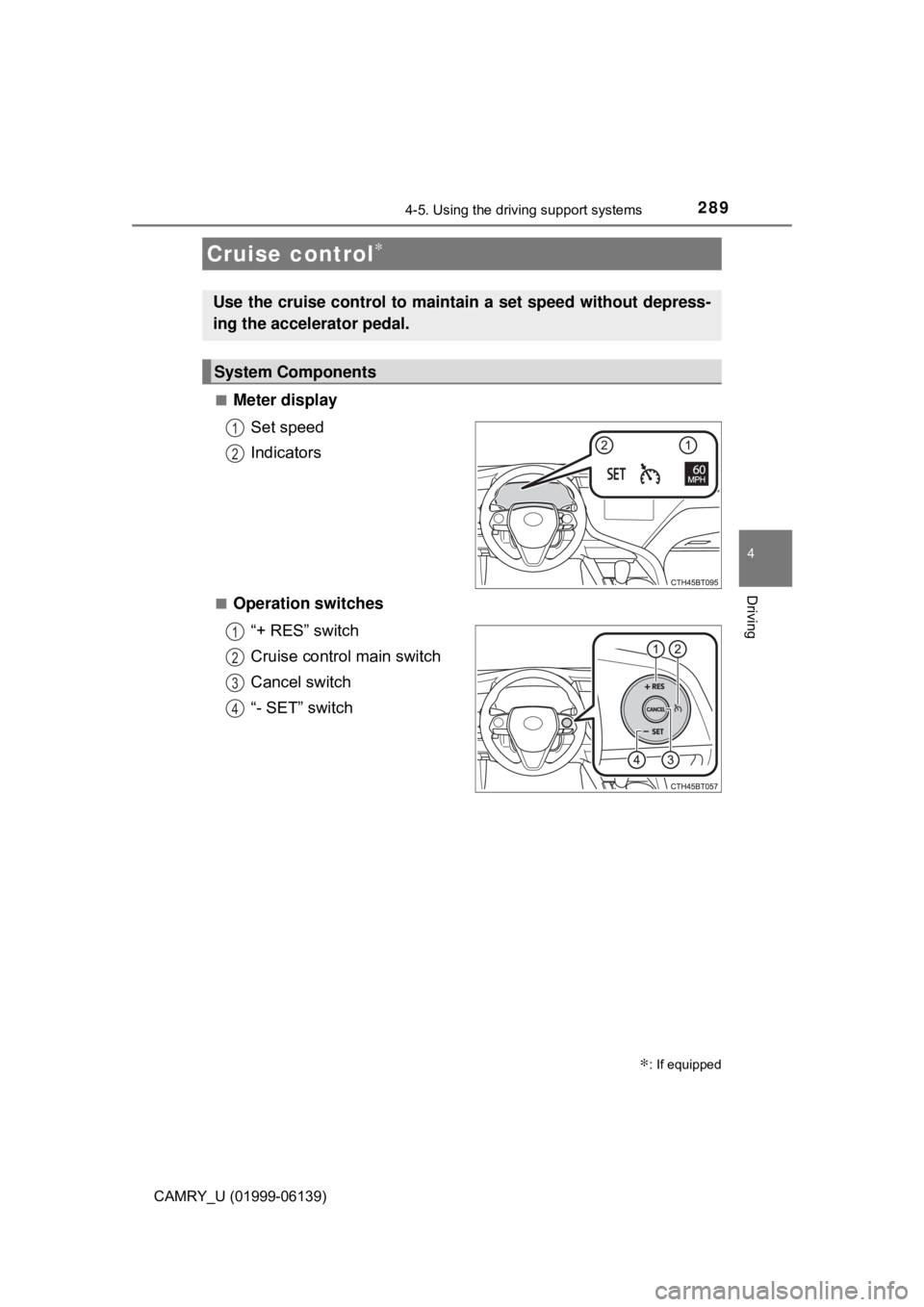 TOYOTA CAMRY 2018 Owners Manual (in English) 2894-5. Using the driving support systems
4
Driving
CAMRY_U (01999-06139)■
Meter display
Set speed
Indicators
■Operation switches“+ RES” switch
Cruise control main switch
Cancel switch
“- SE TOYOTA CAMRY 2018 Owners Manual (in English) 2894-5. Using the driving support systems
4
Driving
CAMRY_U (01999-06139)■
Meter display
Set speed
Indicators
■Operation switches“+ RES” switch
Cruise control main switch
Cancel switch
“- SE