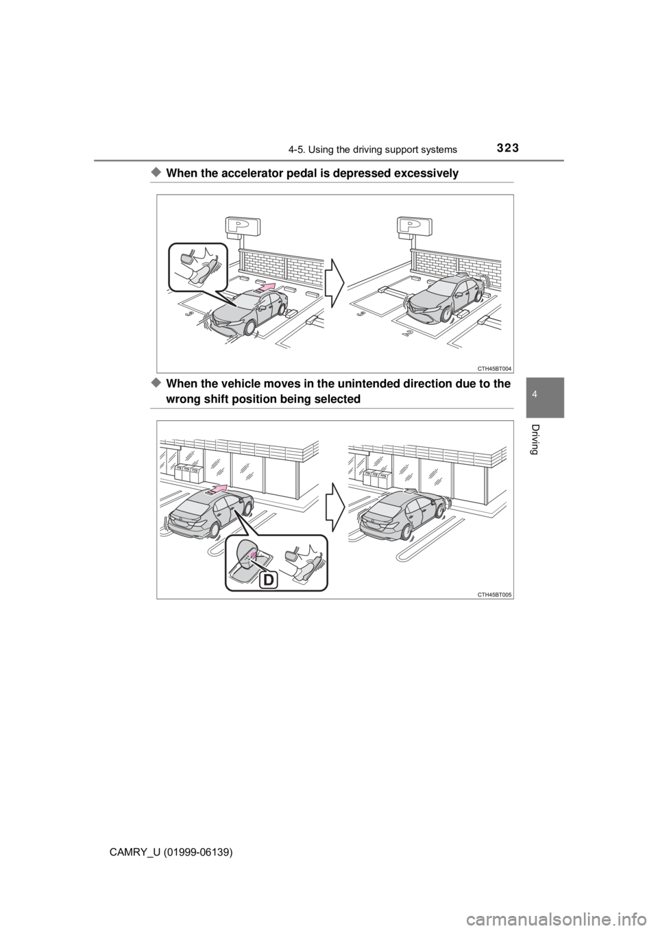 TOYOTA CAMRY 2018 Owners Manual (in English) 3234-5. Using the driving support systems
4
Driving
CAMRY_U (01999-06139)
◆When the accelerator pedal is depressed excessively
◆When the vehicle moves in the unintended direction due to the
wrong TOYOTA CAMRY 2018 Owners Manual (in English) 3234-5. Using the driving support systems
4
Driving
CAMRY_U (01999-06139)
◆When the accelerator pedal is depressed excessively
◆When the vehicle moves in the unintended direction due to the
wrong