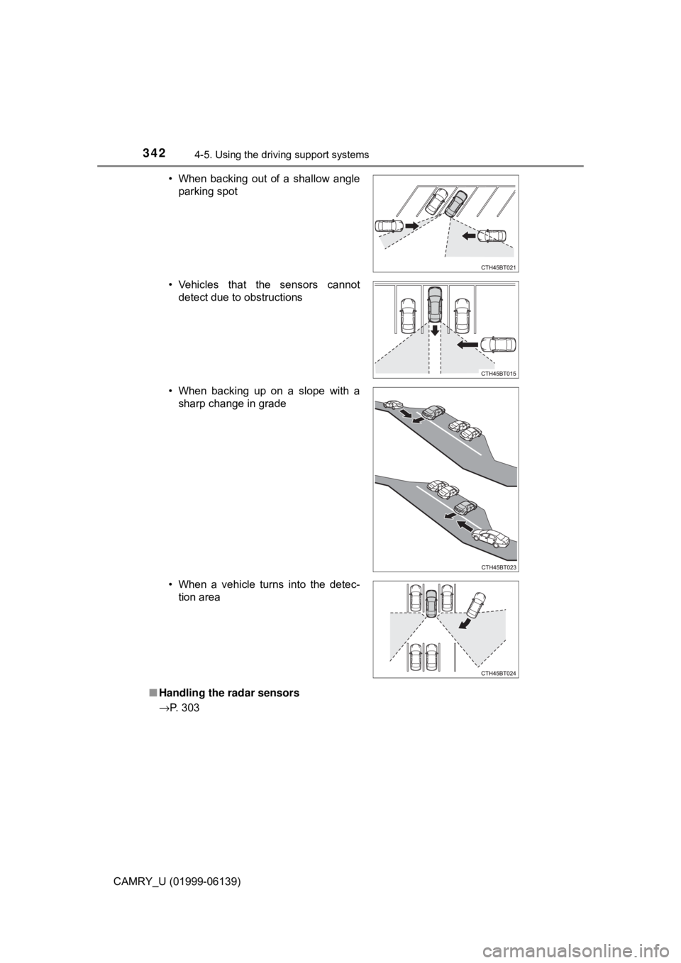 TOYOTA CAMRY 2018 Owners Manual (in English) 3424-5. Using the driving support systems
CAMRY_U (01999-06139)■
Handling the radar sensors
→P. 303• When backing out of a shallow angle
parking spot
• Vehicles that the sensors cannot detect TOYOTA CAMRY 2018 Owners Manual (in English) 3424-5. Using the driving support systems
CAMRY_U (01999-06139)■
Handling the radar sensors
→P. 303• When backing out of a shallow angle
parking spot
• Vehicles that the sensors cannot detect