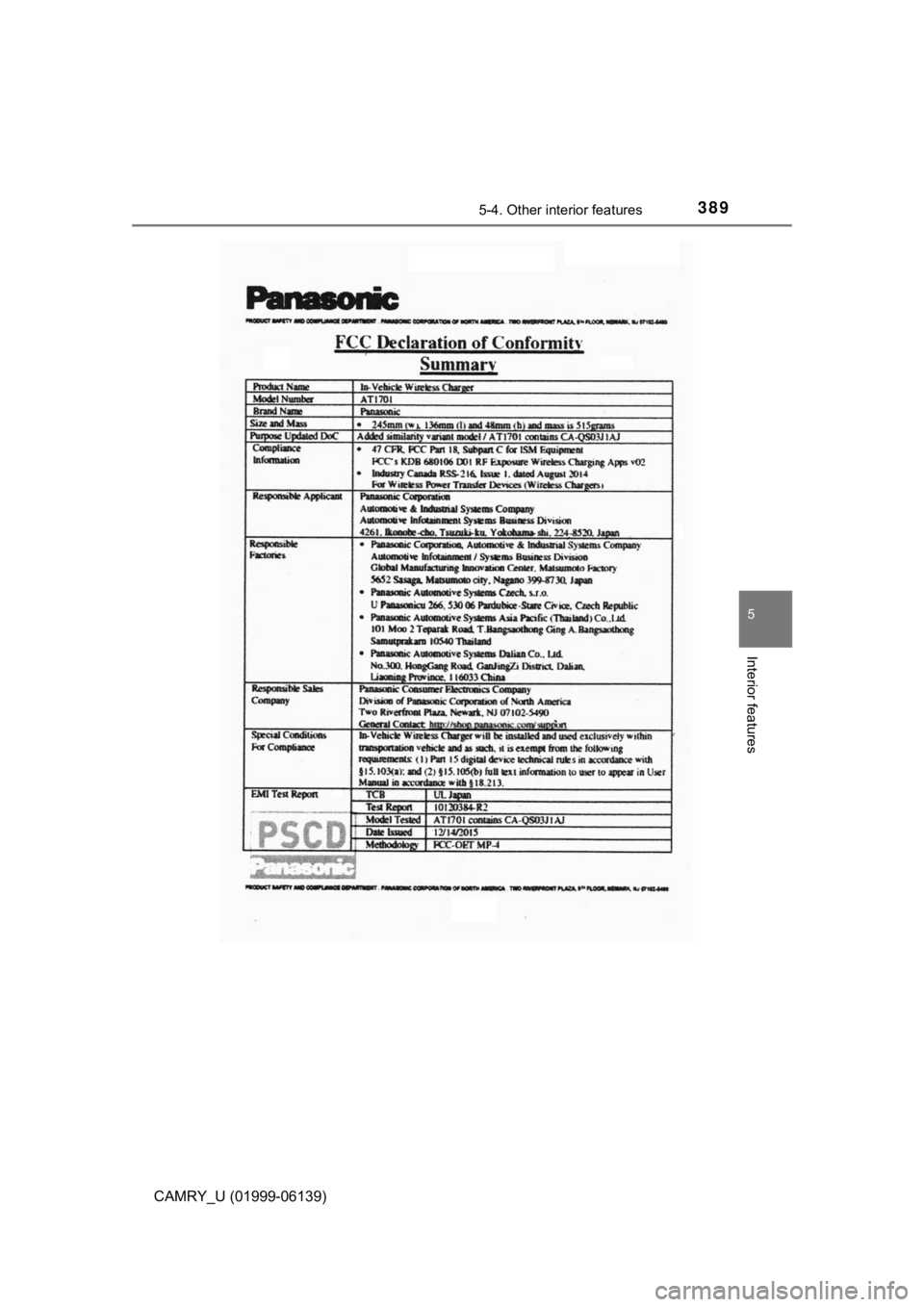 TOYOTA CAMRY 2018 Owners Manual (in English) 3895-4. Other interior features
CAMRY_U (01999-06139)
5
Interior features TOYOTA CAMRY 2018 Owners Manual (in English) 3895-4. Other interior features
CAMRY_U (01999-06139)
5
Interior features