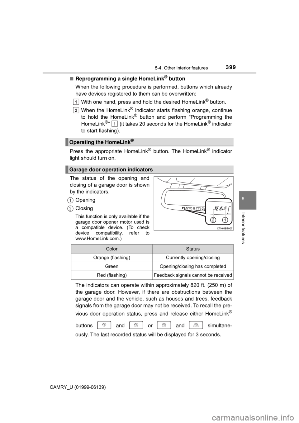 TOYOTA CAMRY 2018 Owners Manual (in English) 3995-4. Other interior features
CAMRY_U (01999-06139)
5
Interior features
■Reprogramming a single HomeLink® button
When the following procedure is pe rformed, buttons which already
have devices reg TOYOTA CAMRY 2018 Owners Manual (in English) 3995-4. Other interior features
CAMRY_U (01999-06139)
5
Interior features
■Reprogramming a single HomeLink® button
When the following procedure is pe rformed, buttons which already
have devices reg