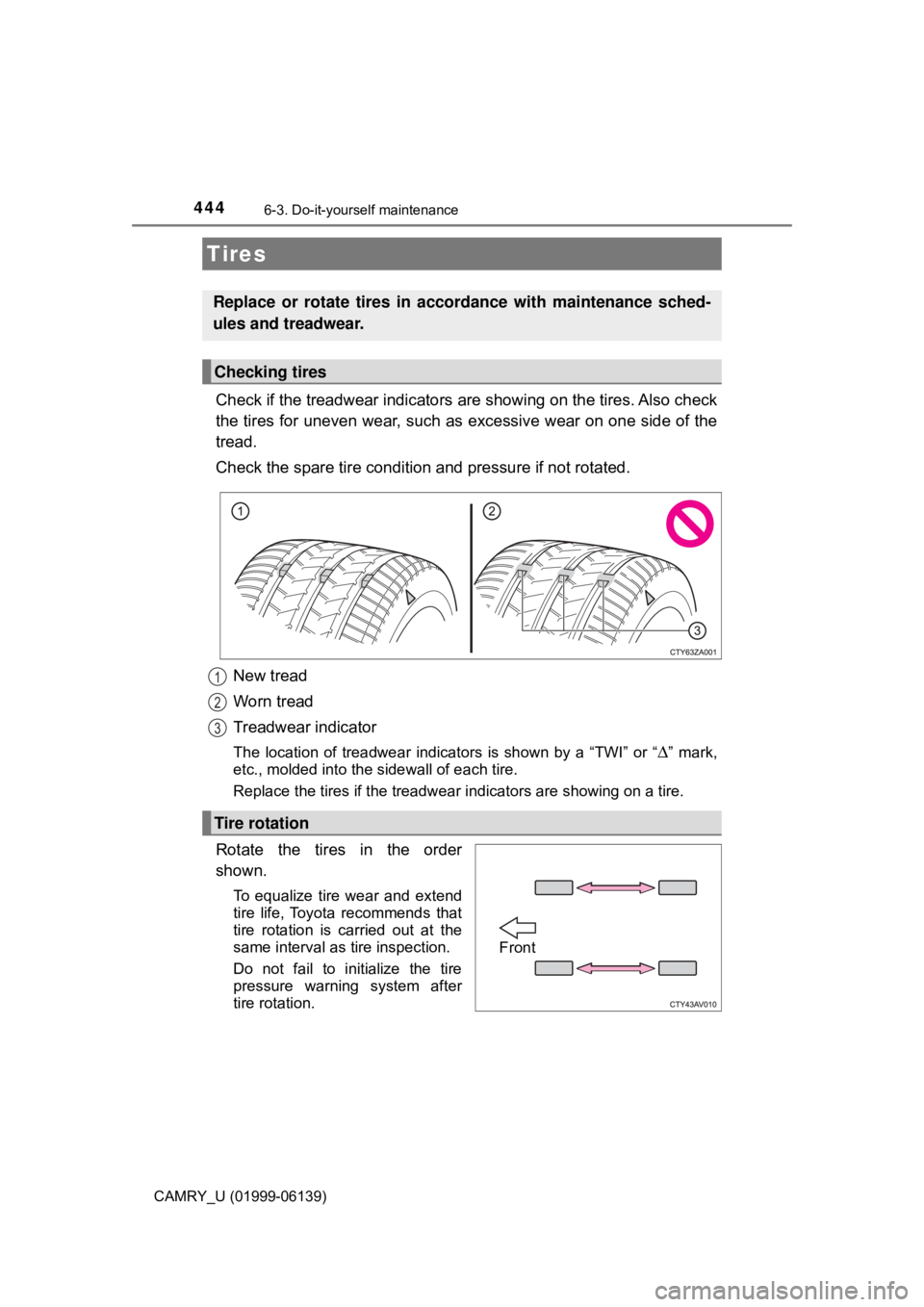 TOYOTA CAMRY 2018 Owners Manual (in English) 4446-3. Do-it-yourself maintenance
CAMRY_U (01999-06139)
Check if the treadwear indicators are showing on the tires. Also check
the tires for uneven wear, such as excessive wear on one side of the
tre TOYOTA CAMRY 2018 Owners Manual (in English) 4446-3. Do-it-yourself maintenance
CAMRY_U (01999-06139)
Check if the treadwear indicators are showing on the tires. Also check
the tires for uneven wear, such as excessive wear on one side of the
tre
