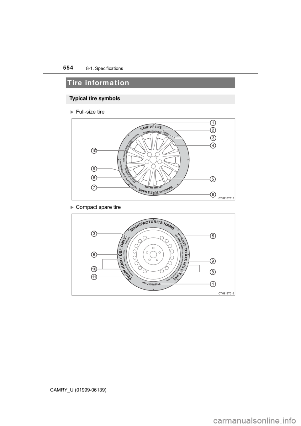 TOYOTA CAMRY 2018 Owners Manual (in English) 5548-1. Specifications
CAMRY_U (01999-06139)
Full-size tire
Compact spare tire
Tire information
Typical tire symbols TOYOTA CAMRY 2018 Owners Manual (in English) 5548-1. Specifications
CAMRY_U (01999-06139)
Full-size tire
Compact spare tire
Tire information
Typical tire symbols