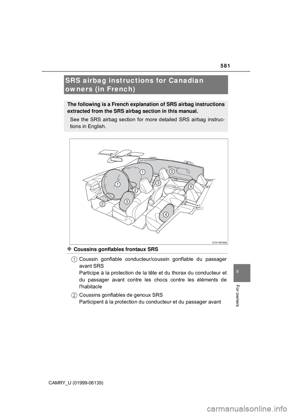 TOYOTA CAMRY 2018  Owners Manual (in English) 581
9
For owners
CAMRY_U (01999-06139)
◆Coussins gonflables frontaux SRSCoussin gonflable conducteur/c oussin gonflable du passager
avant SRS
Participe à la protection de la tête et du thorax du c