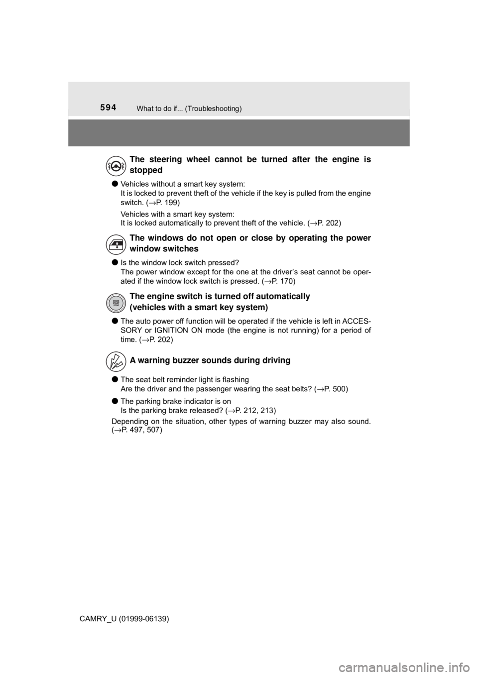 TOYOTA CAMRY 2018 Owners Manual (in English) 594What to do if... (Troubleshooting)
CAMRY_U (01999-06139)
●Vehicles without a smart key system:
It is locked to prevent theft of the vehicle if the key is pulled from the engine
switch. (→P. 199 TOYOTA CAMRY 2018 Owners Manual (in English) 594What to do if... (Troubleshooting)
CAMRY_U (01999-06139)
●Vehicles without a smart key system:
It is locked to prevent theft of the vehicle if the key is pulled from the engine
switch. (→P. 199