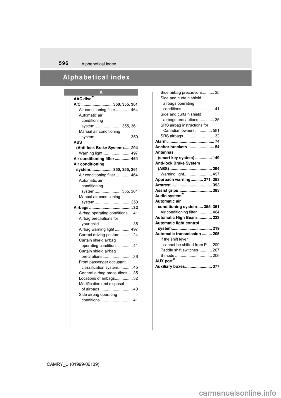 TOYOTA CAMRY 2018  Owners Manual (in English) 596
CAMRY_U (01999-06139)
Alphabetical index
Alphabetical index
AAC disc*
A/C ............................ 350, 355, 361Air conditioning filter ............. 464
Automatic air conditioning 
system ...
