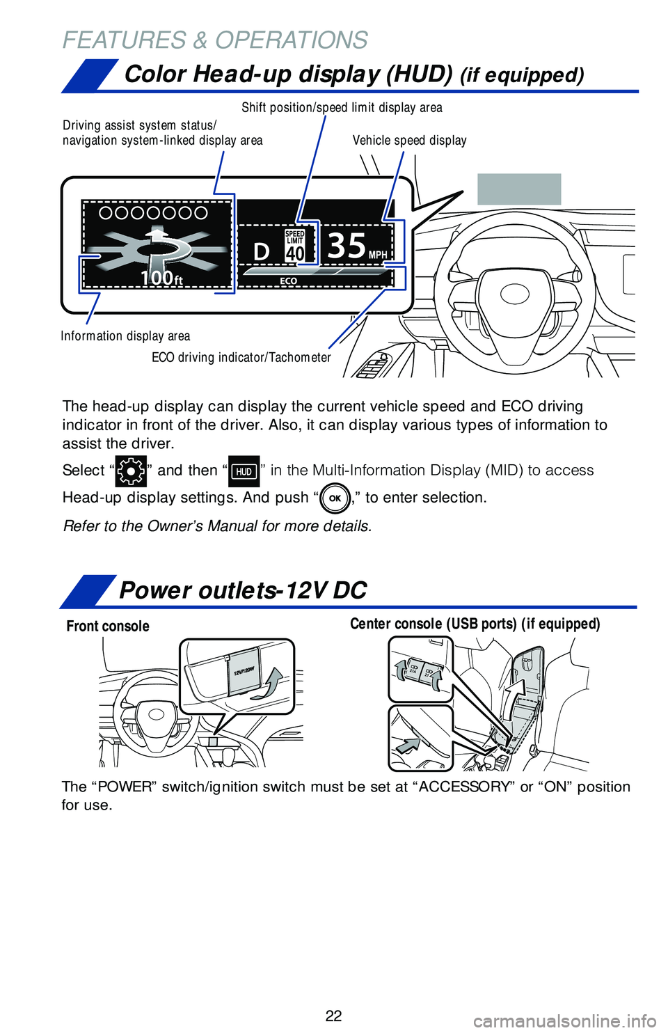 TOYOTA CAMRY 2018   (in English) Owners Manual 22
Color Head-up display (HUD) (if equipped)
The head-up display can display the current vehicle speed and ECO drivin\
g 
indicator in front of the driver. Also, it can display various types of \
info