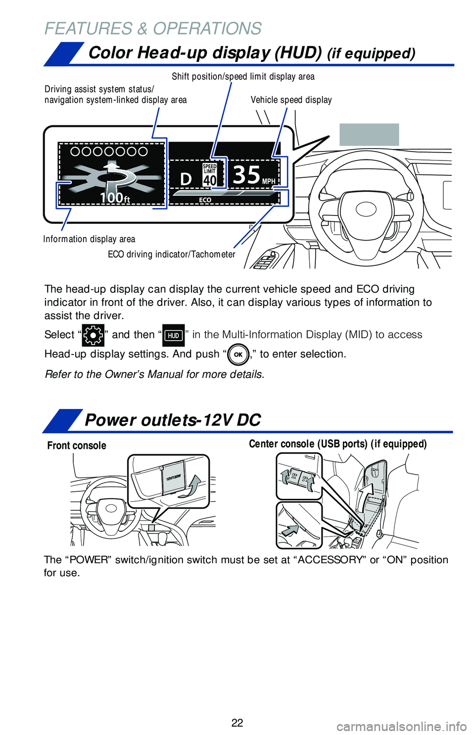 TOYOTA CAMRY 2018  Owners Manual (in English) 22
Color Head-up display (HUD) (if equipped)
The head-up display can display the current vehicle speed and ECO drivin\
g 
indicator in front of the driver. Also, it can display various types of \
info