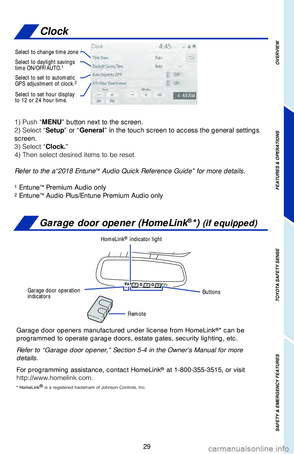 TOYOTA CAMRY 2018   (in English) Owners Guide OVERVIEW
FEATURES & OPERATIONS
TOYOTA SAFETY SENSE
SAFETY & EMERGENCY FEATURES
29
��
��1�V�T�I��iMENU” button next to the screen. 
��
��4�F�M�F�D�U��iSetup” or “General ” in the touch sc